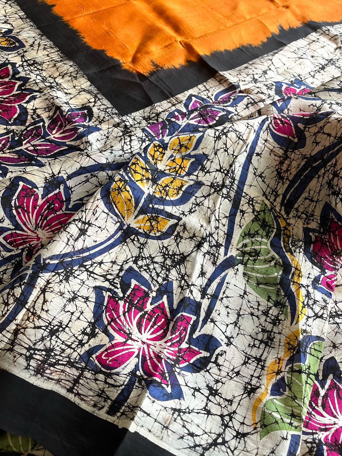 Very exclusive Pure Tussar Silk Saree with Wax Batik Handwork - Yellow Floral