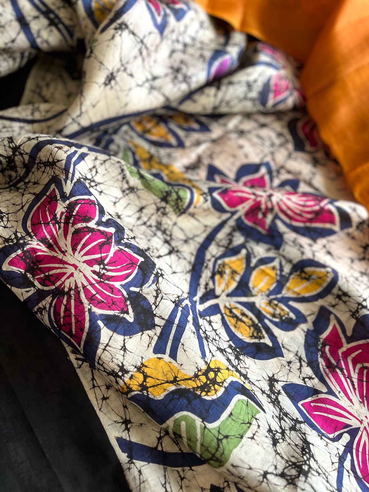 Very exclusive Pure Tussar Silk Saree with Wax Batik Handwork - Yellow Floral