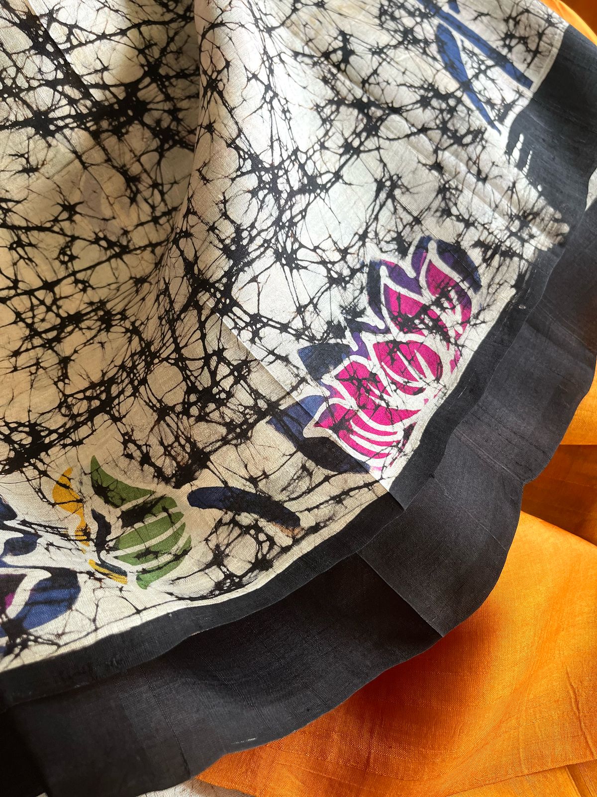 Very exclusive Pure Tussar Silk Saree with Wax Batik Handwork - Yellow Floral