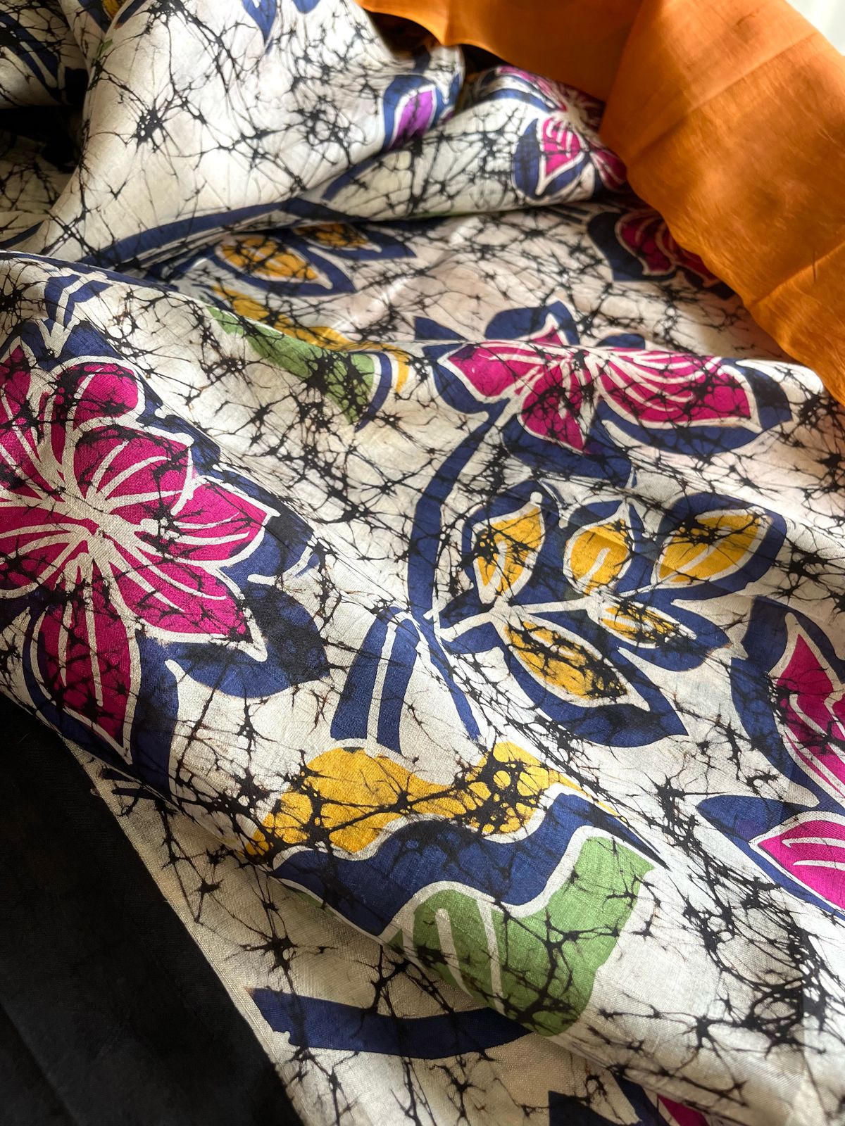 Very exclusive Pure Tussar Silk Saree with Wax Batik Handwork - Yellow Floral