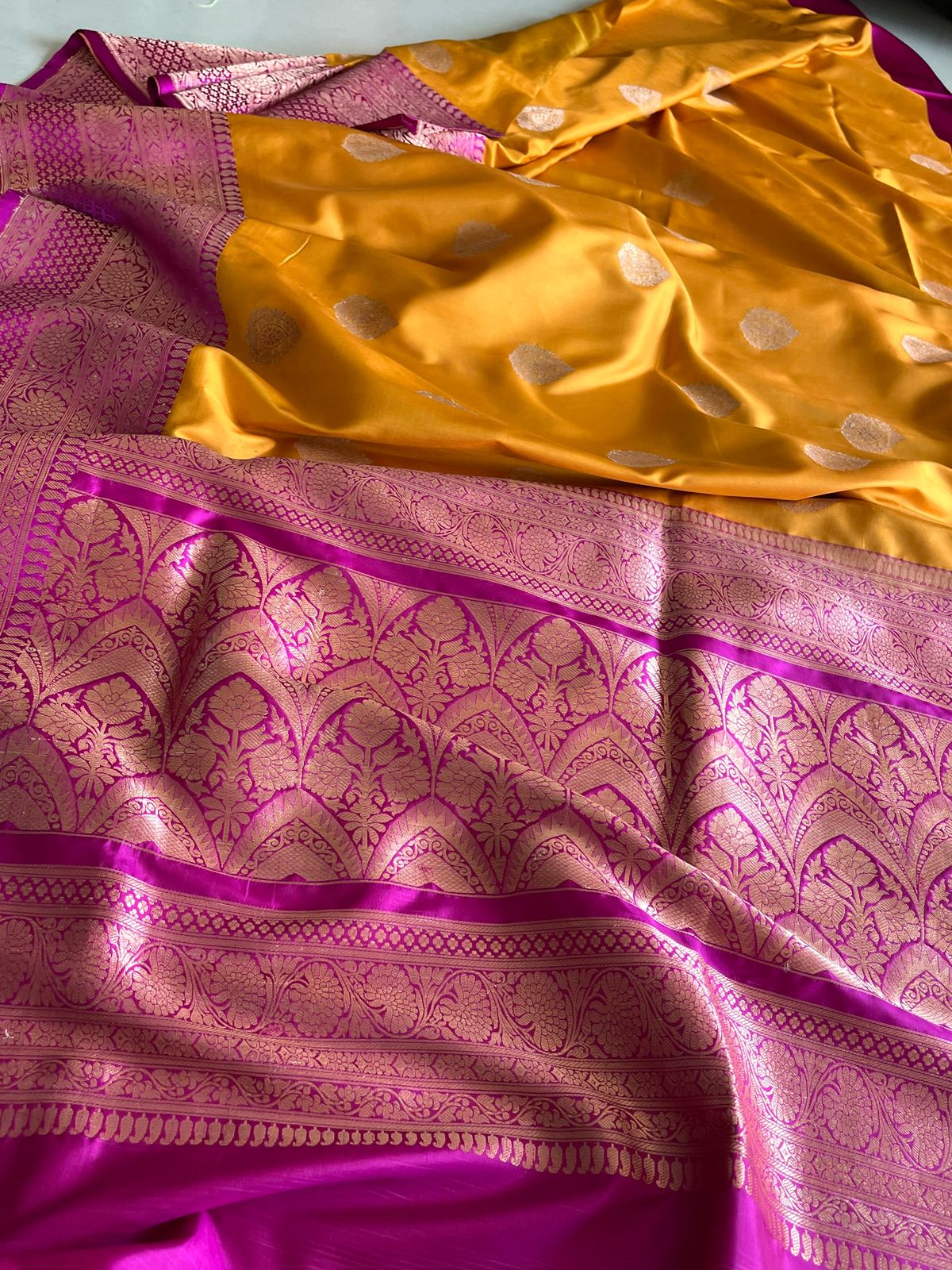 Pure Handloom Banarasi Katan Silk saree - Yellow and Purple