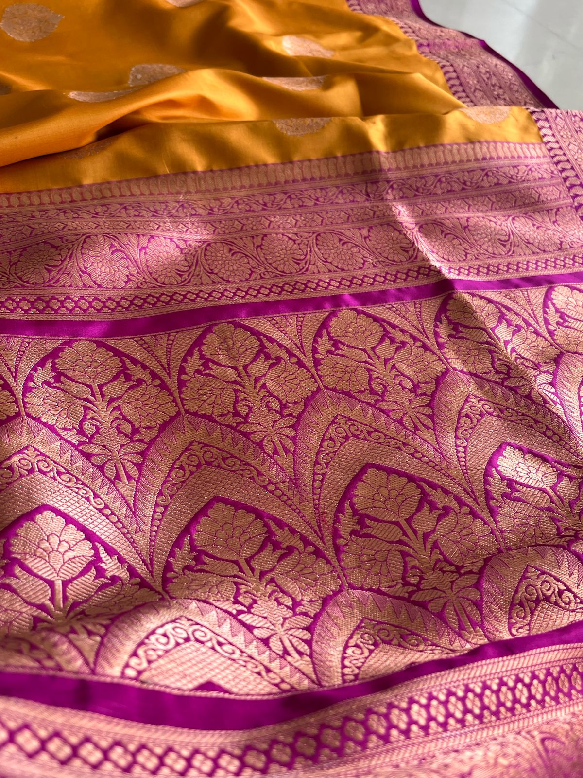 Pure Handloom Banarasi Katan Silk saree - Yellow and Purple