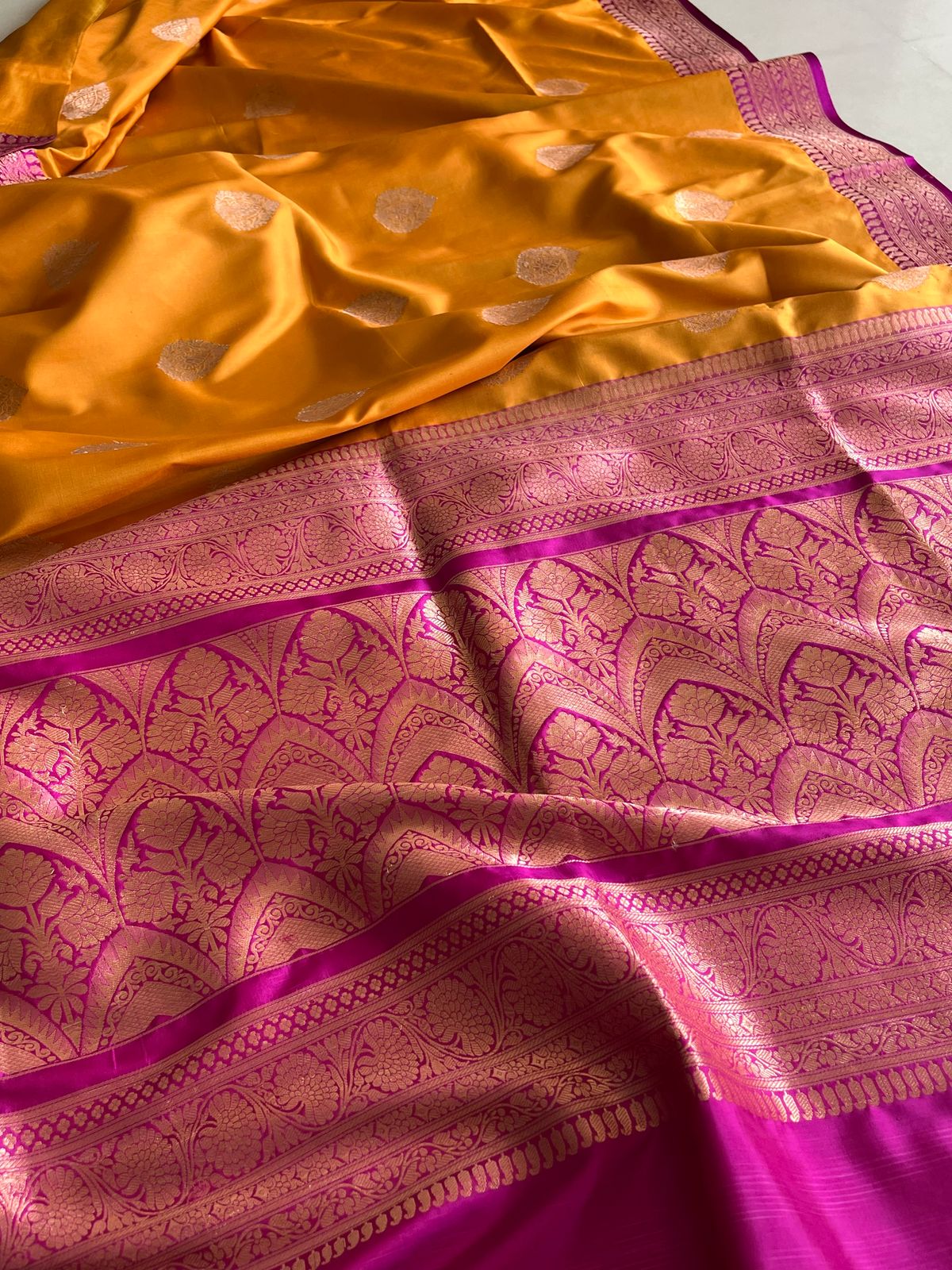 Pure Handloom Banarasi Katan Silk saree - Yellow and Purple
