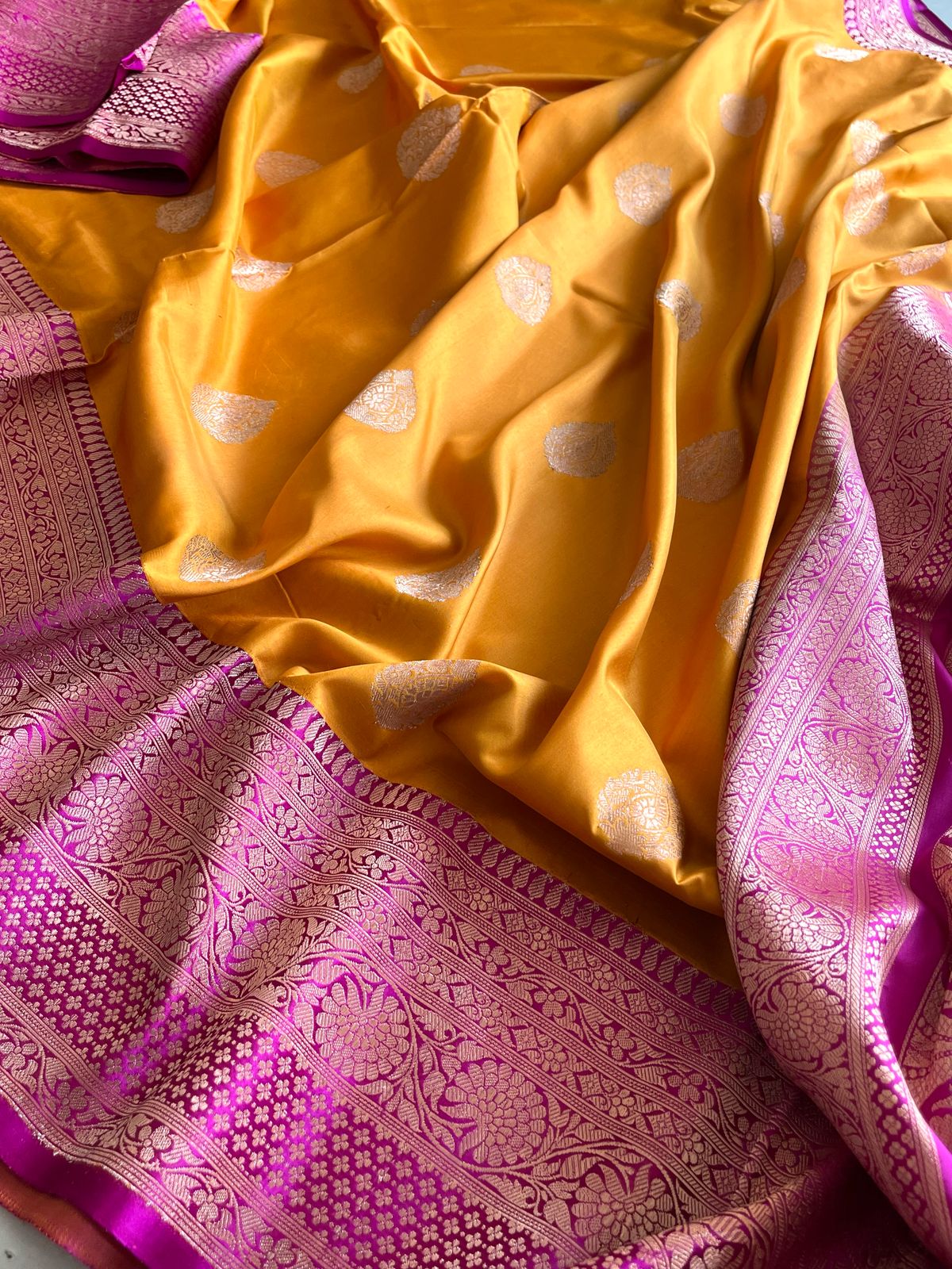 Pure Handloom Banarasi Katan Silk saree - Yellow and Purple