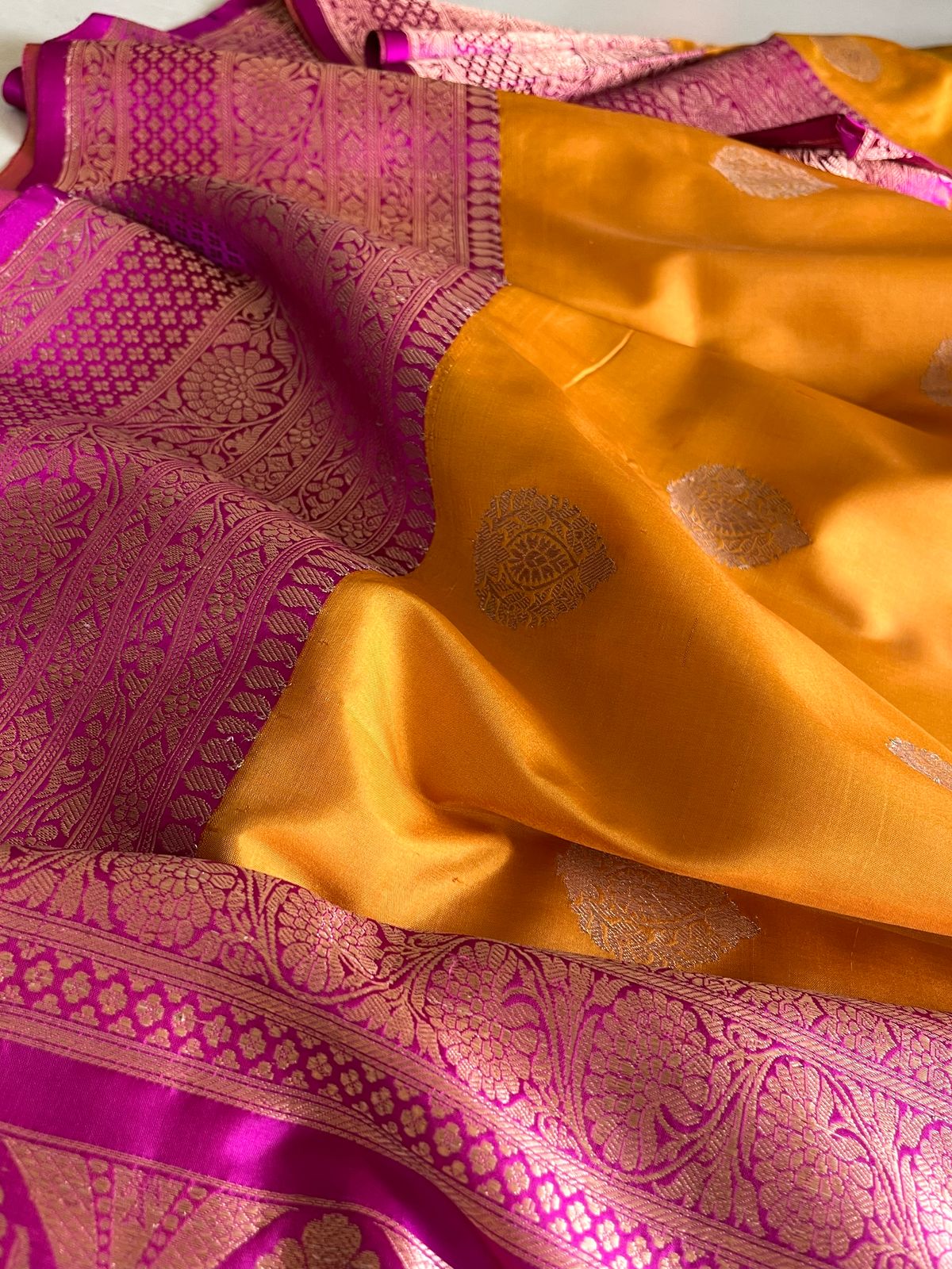 Pure Handloom Banarasi Katan Silk saree - Yellow and Purple