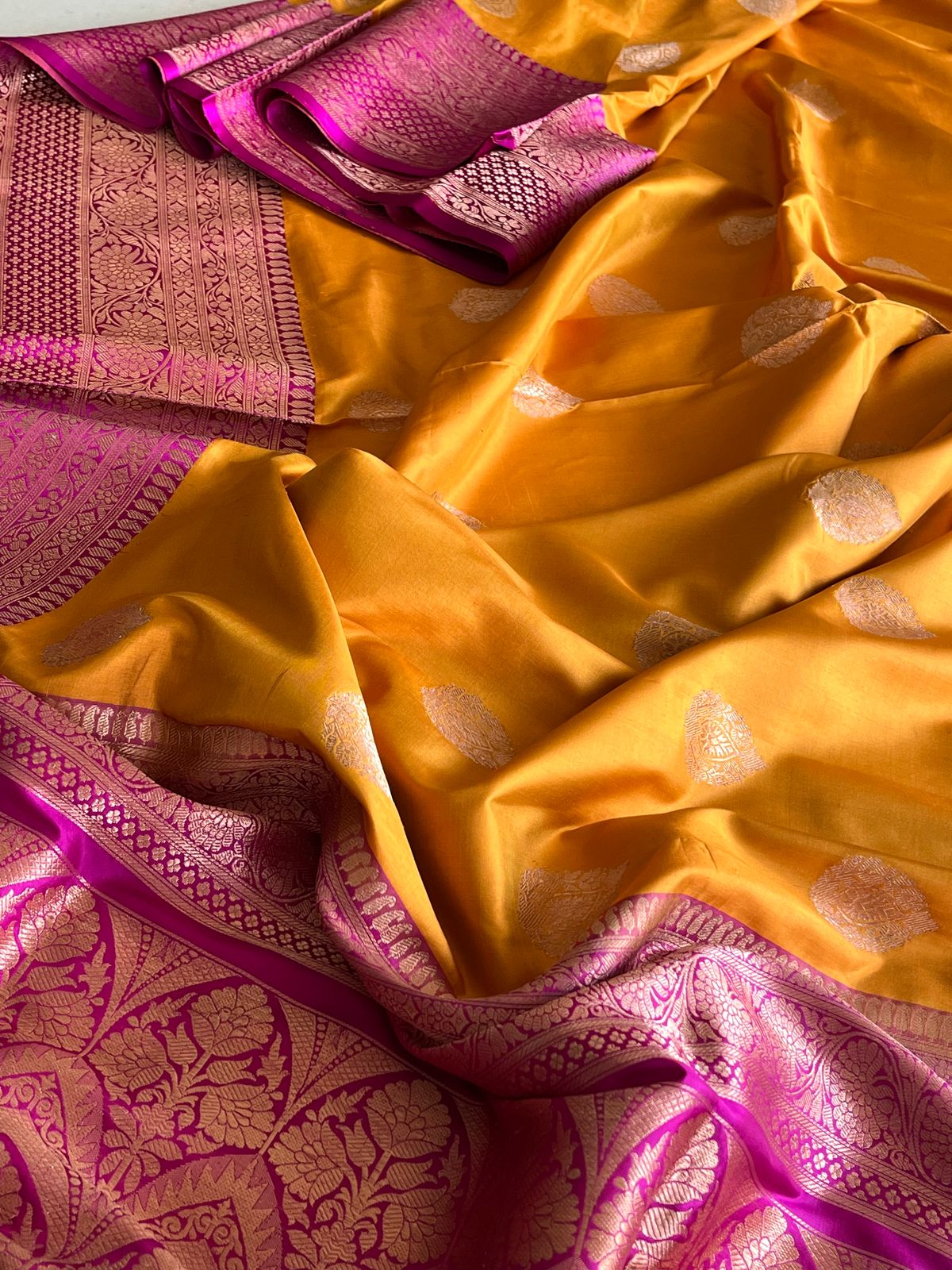 Pure Handloom Banarasi Katan Silk saree - Yellow and Purple
