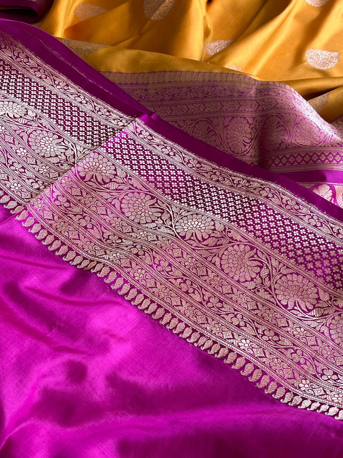 Pure Handloom Banarasi Katan Silk saree - Yellow and Purple