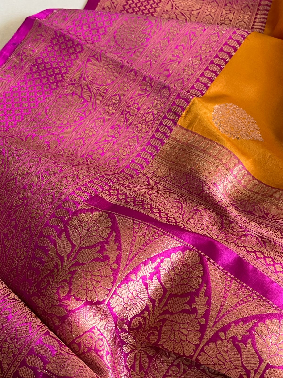 Pure Handloom Banarasi Katan Silk saree - Yellow and Purple