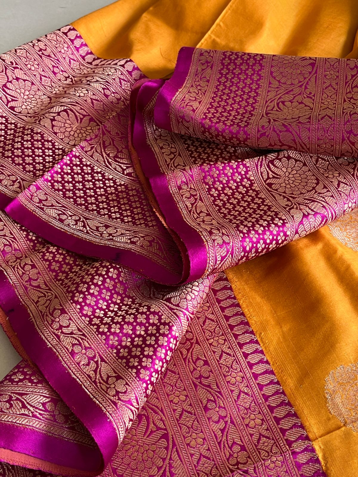 Pure Handloom Banarasi Katan Silk saree - Yellow and Purple