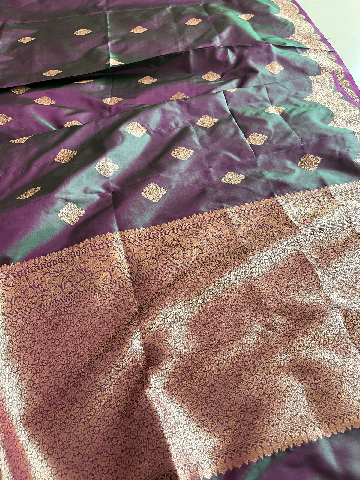 Pure Handloom Banarasi Katan Silk saree - Green with tinge of Purple