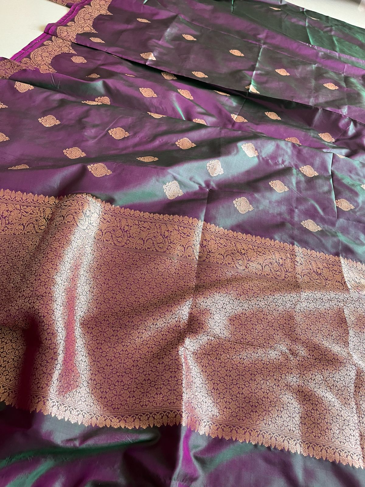 Pure Handloom Banarasi Katan Silk saree - Green with tinge of Purple