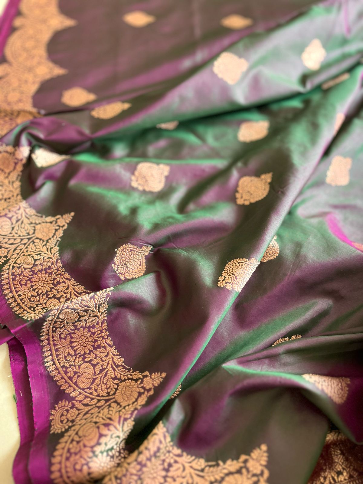 Pure Handloom Banarasi Katan Silk saree - Green with tinge of Purple