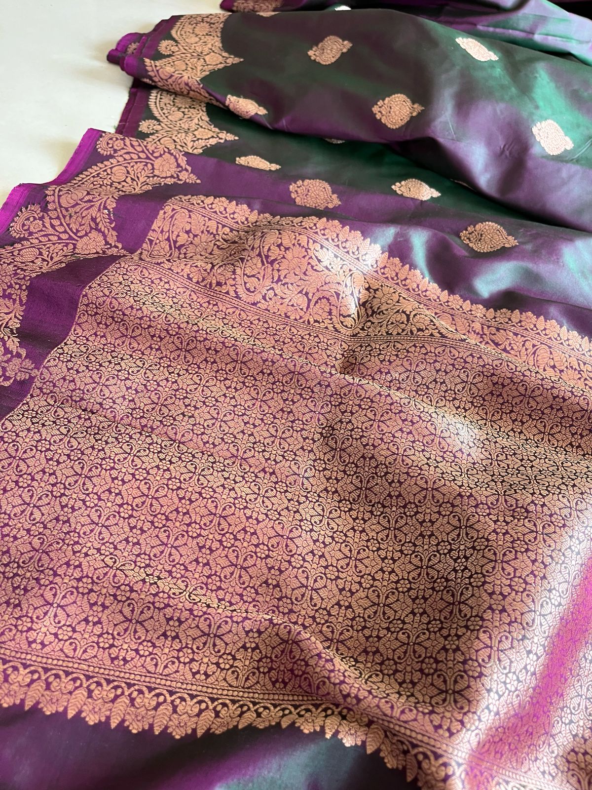 Pure Handloom Banarasi Katan Silk saree - Green with tinge of Purple