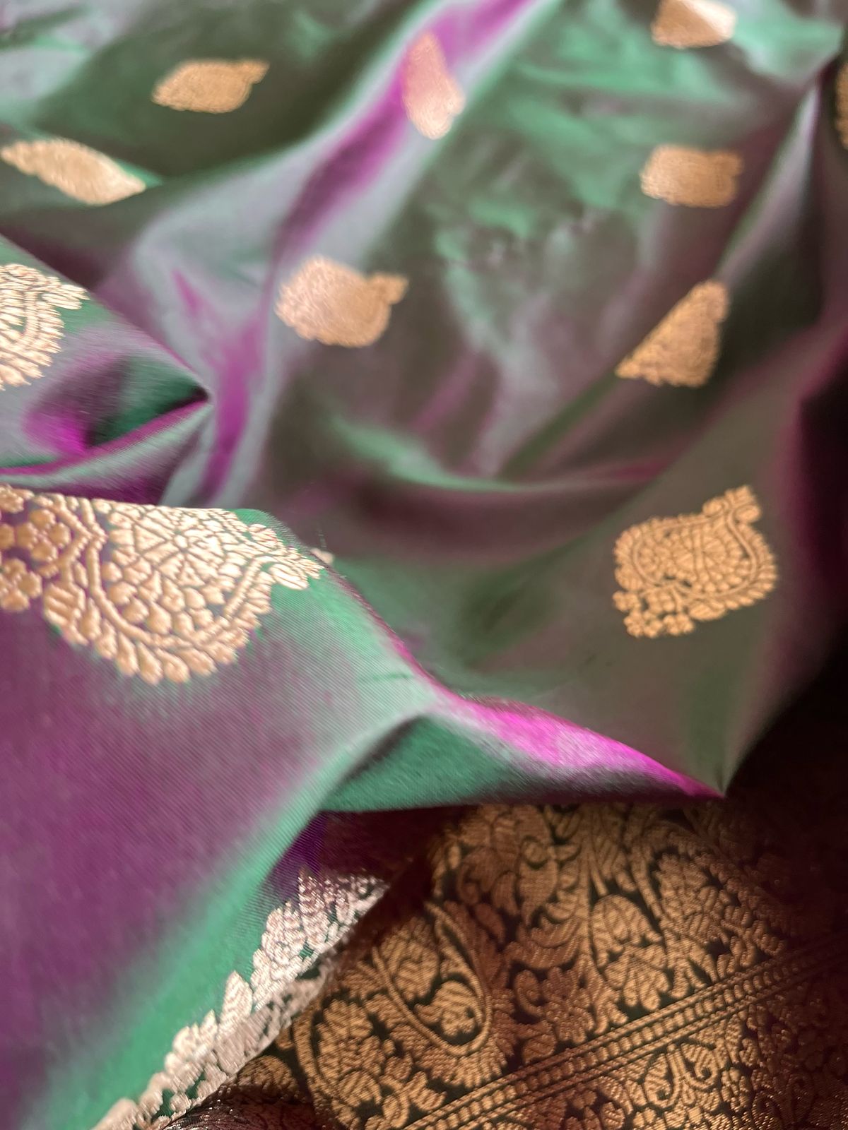 Pure Handloom Banarasi Katan Silk saree - Green with tinge of Purple
