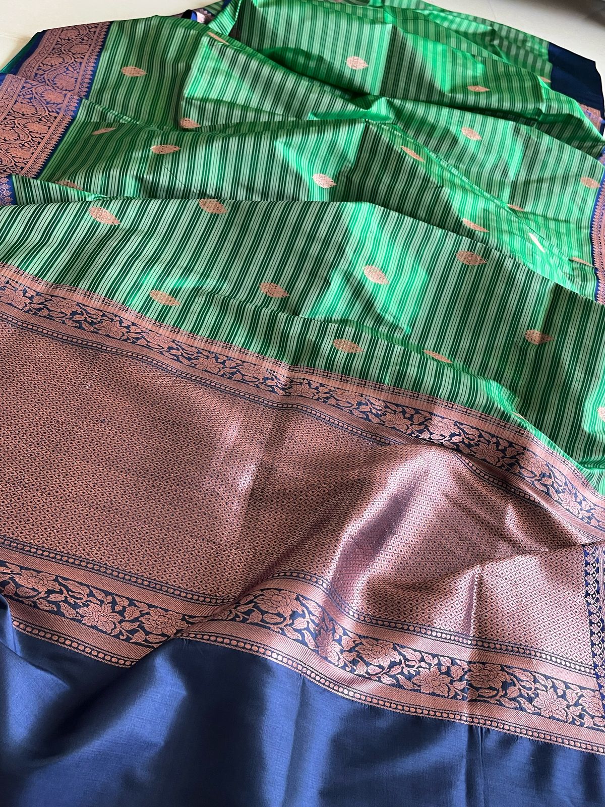 Pure Handloom Banarasi Katan Silk saree - Green with Blue