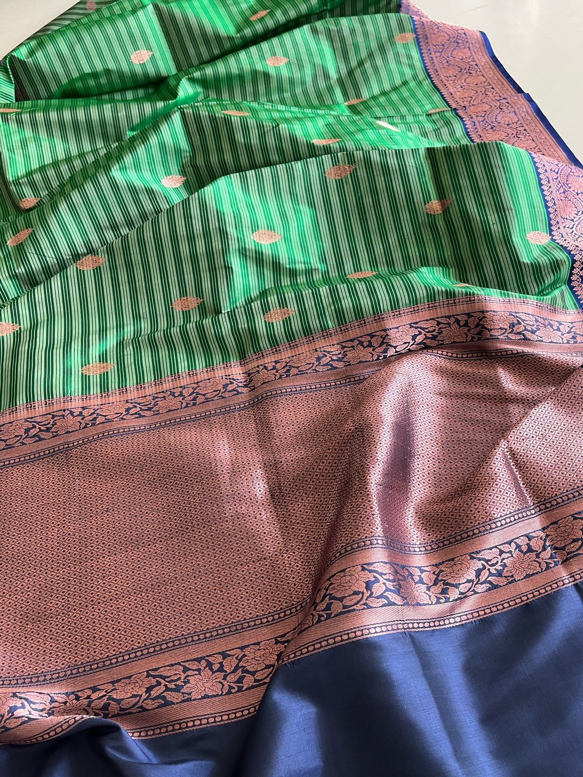 Pure Handloom Banarasi Katan Silk saree - Green with Blue