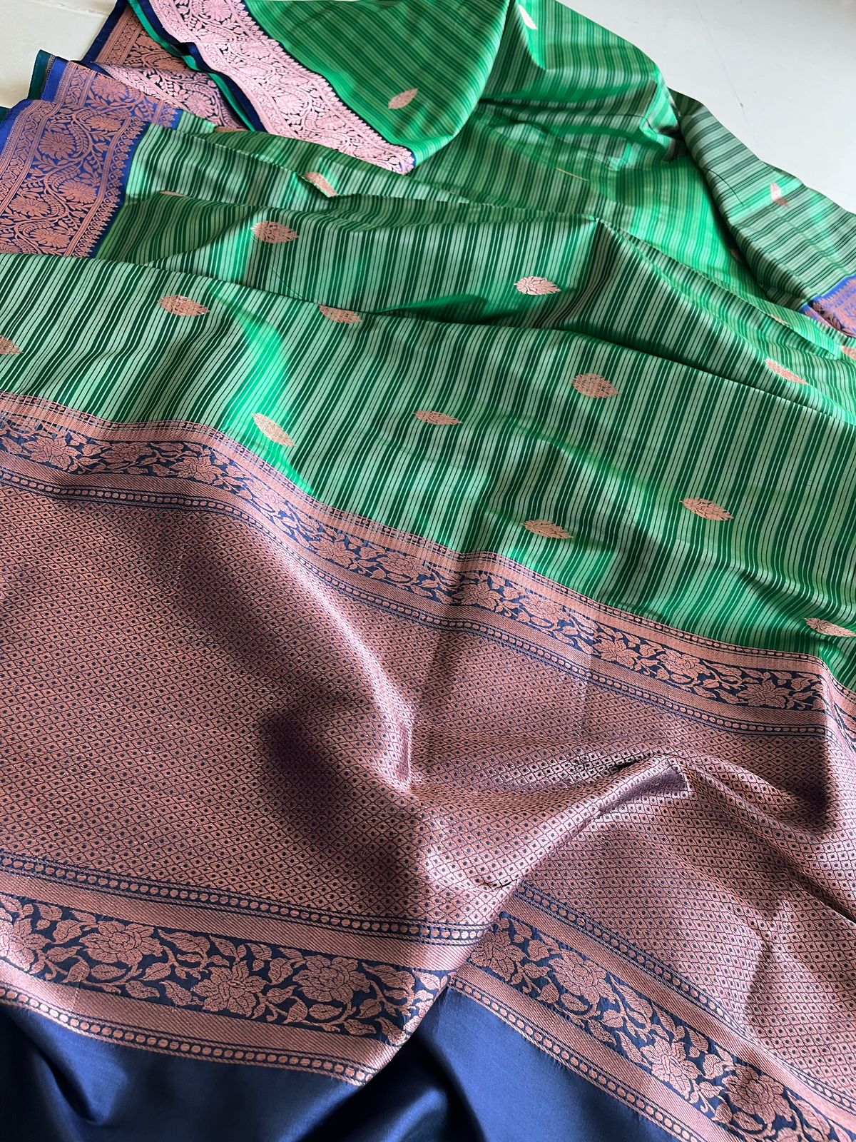 Pure Handloom Banarasi Katan Silk saree - Green with Blue