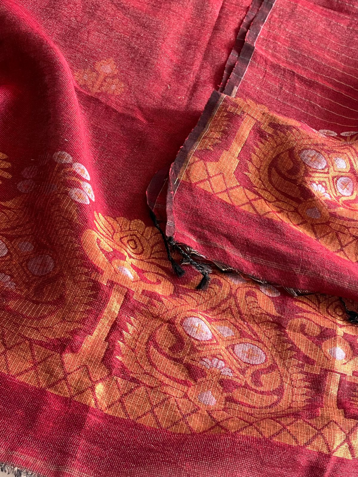 Stunning Linen Tissue Zari Weaving Kurta Dupatta Set -Deep Red with Gold