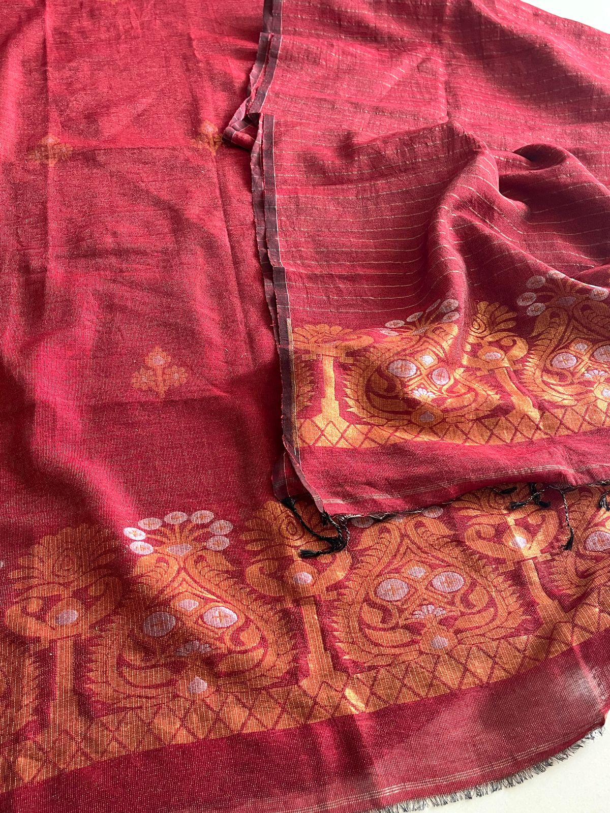 Stunning Linen Tissue Zari Weaving Kurta Dupatta Set -Deep Red with Gold