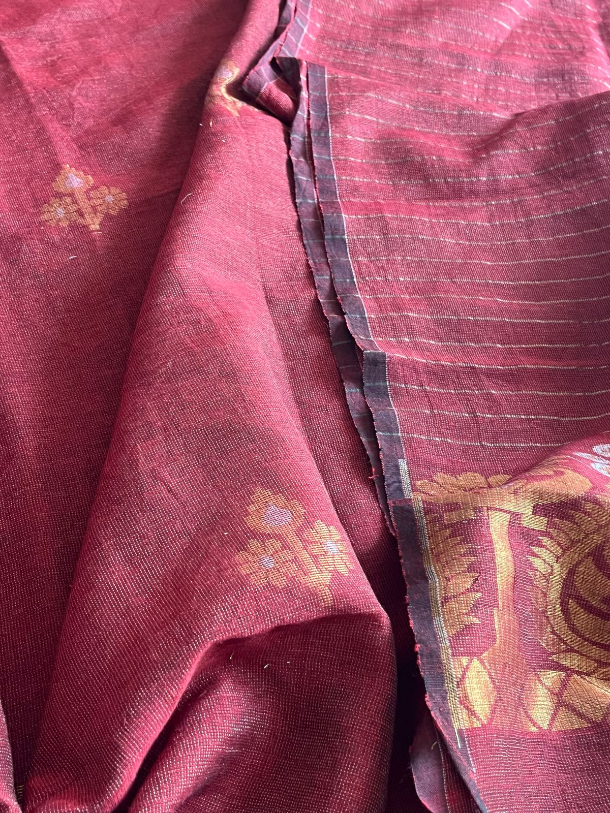 Stunning Linen Tissue Zari Weaving Kurta Dupatta Set -Deep Red with Gold