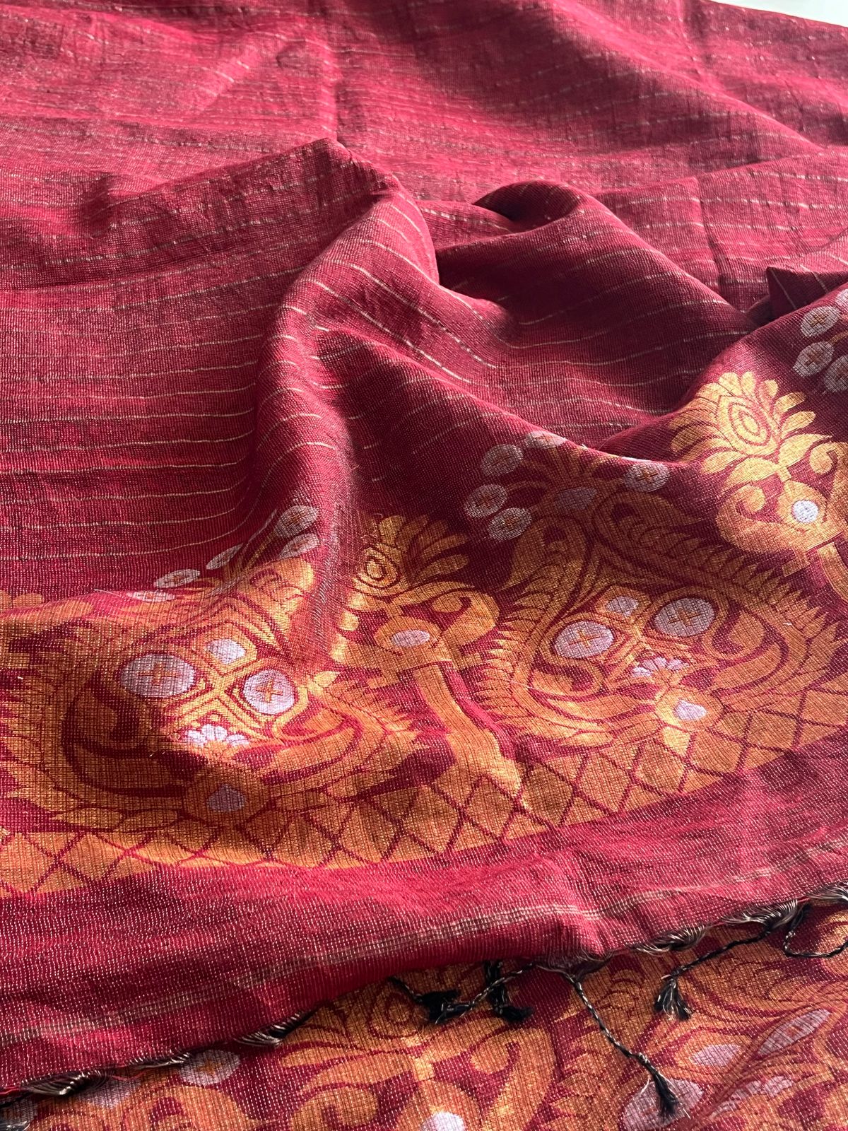 Stunning Linen Tissue Zari Weaving Kurta Dupatta Set -Deep Red with Gold