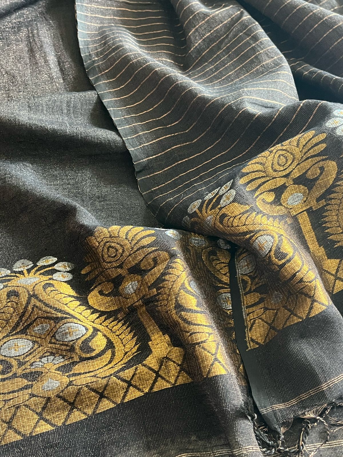 Stunning Linen Tissue Zari Weaving Kurta Dupatta Set - Black with Gold
