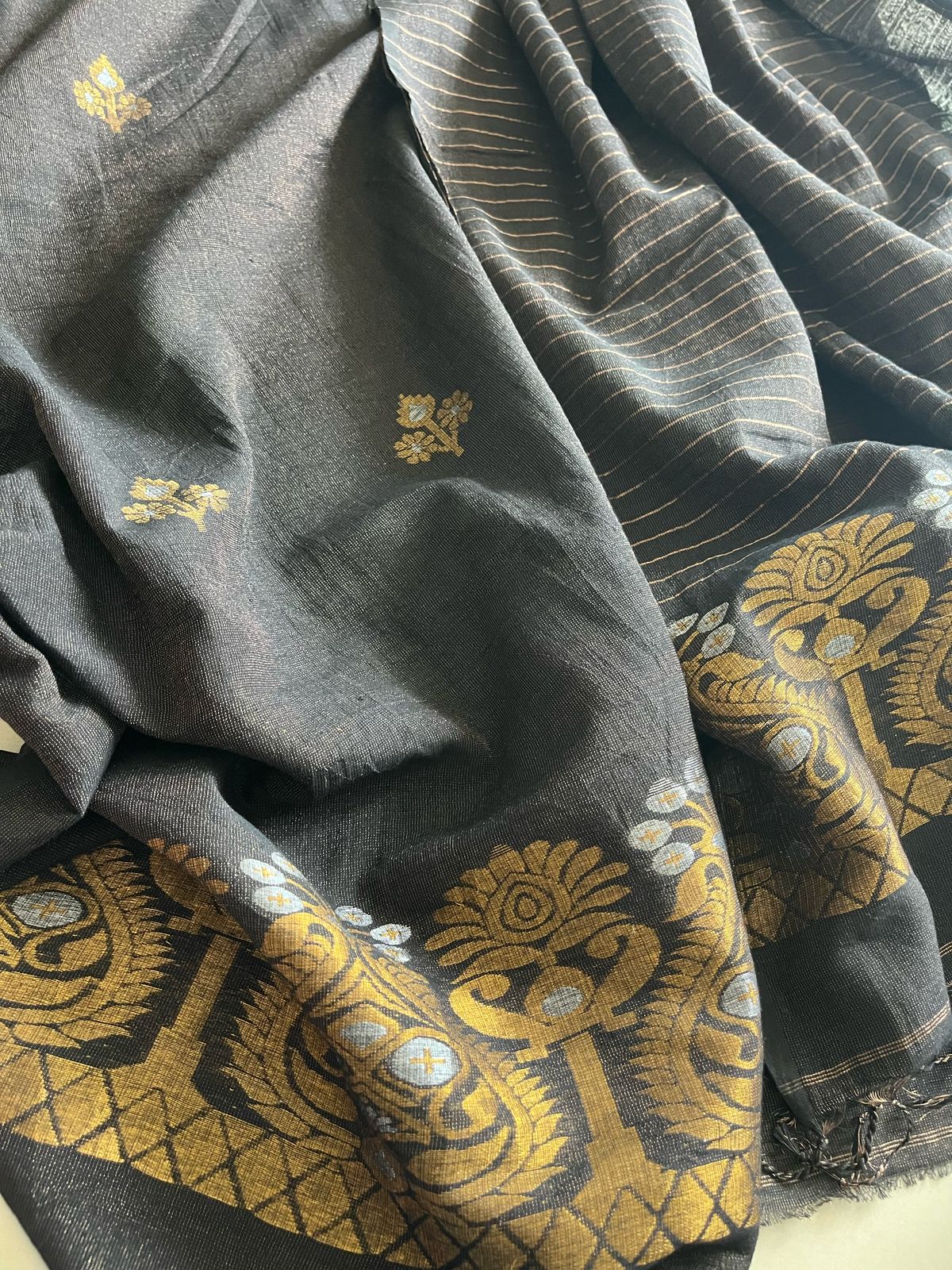 Stunning Linen Tissue Zari Weaving Kurta Dupatta Set - Black with Gold