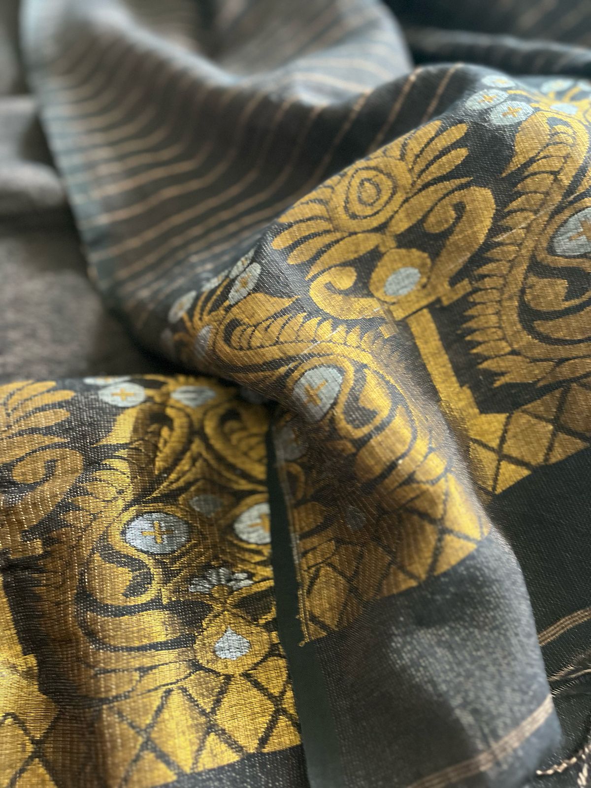 Stunning Linen Tissue Zari Weaving Kurta Dupatta Set - Black with Gold