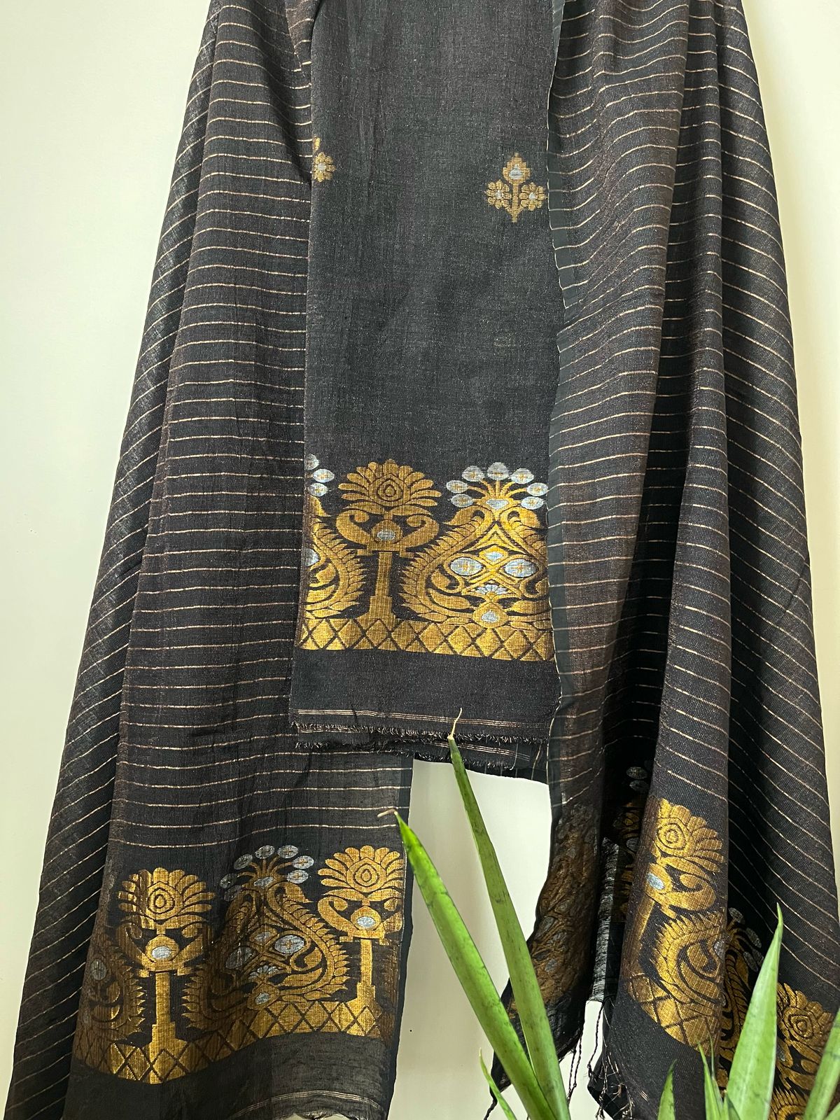 Stunning Linen Tissue Zari Weaving Kurta Dupatta Set - Black with Gold