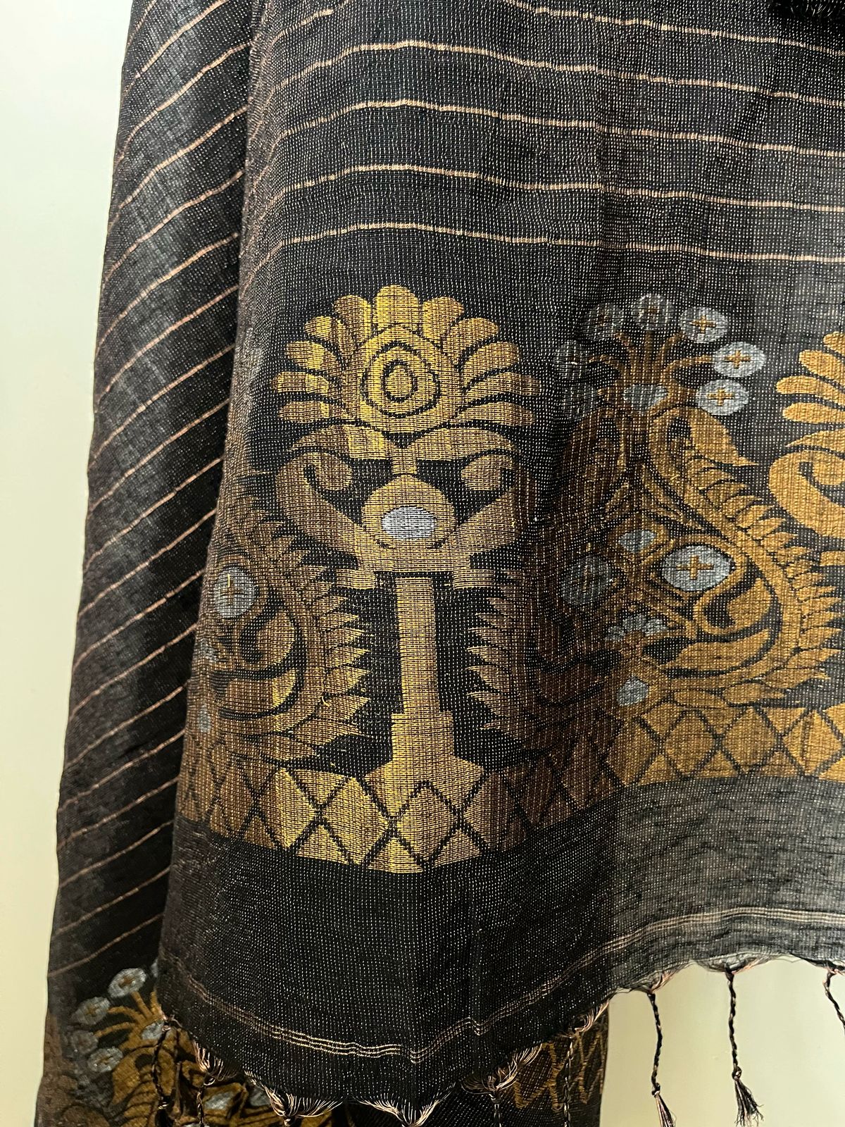 Stunning Linen Tissue Zari Weaving Kurta Dupatta Set - Black with Gold