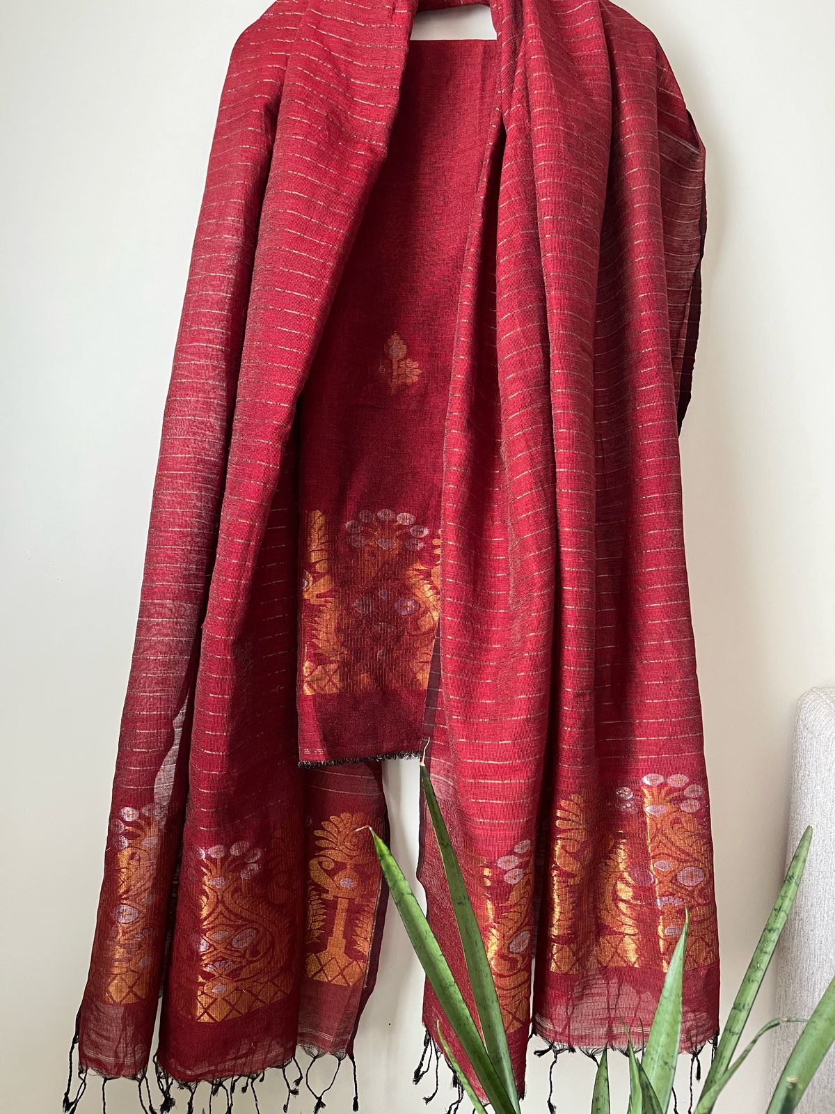 Stunning Linen Tissue Zari Weaving Kurta Dupatta Set -Deep Red with Gold