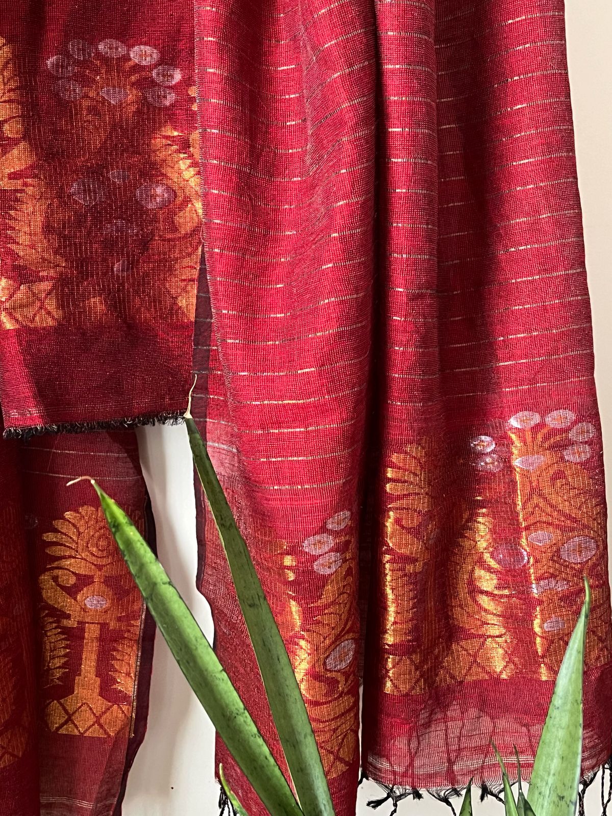 Stunning Linen Tissue Zari Weaving Kurta Dupatta Set -Deep Red with Gold