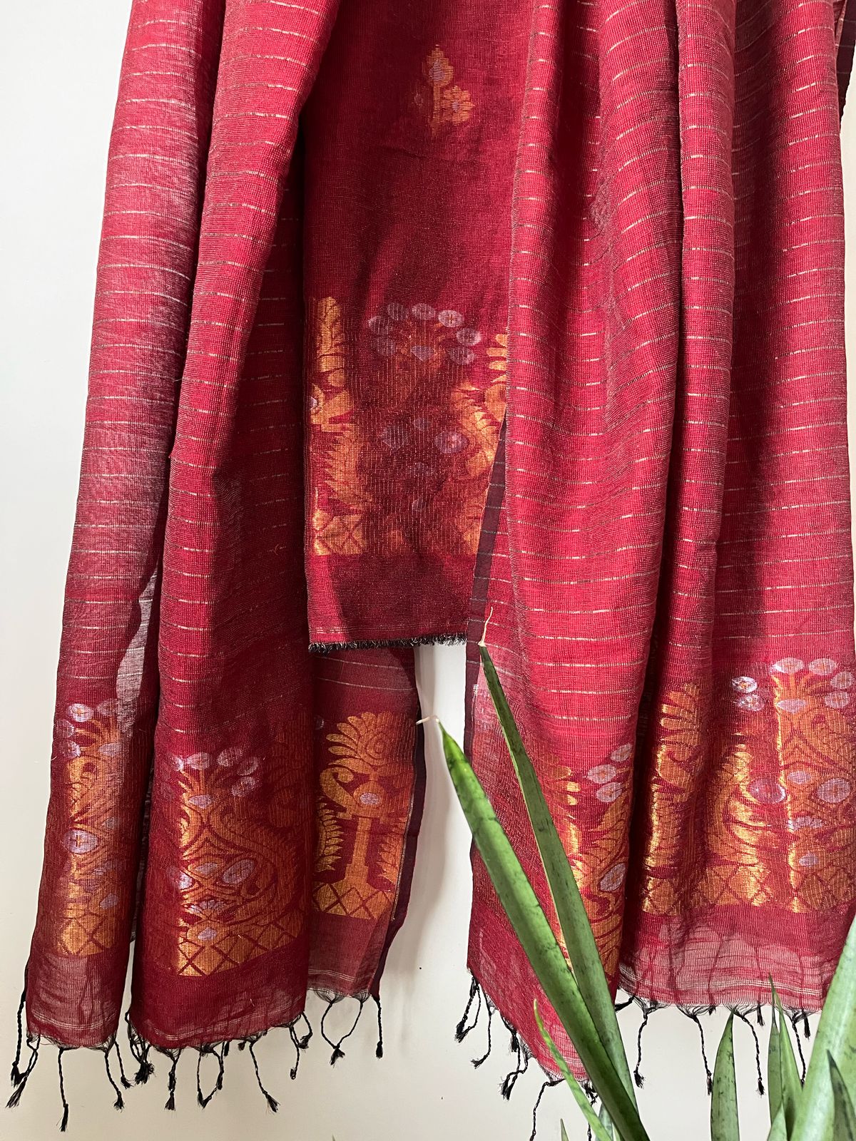 Stunning Linen Tissue Zari Weaving Kurta Dupatta Set -Deep Red with Gold
