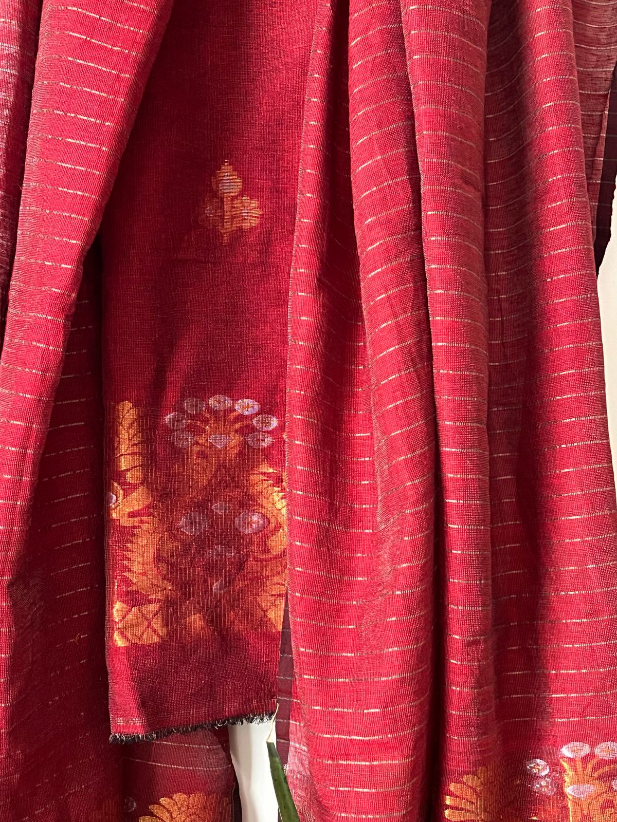 Stunning Linen Tissue Zari Weaving Kurta Dupatta Set -Deep Red with Gold