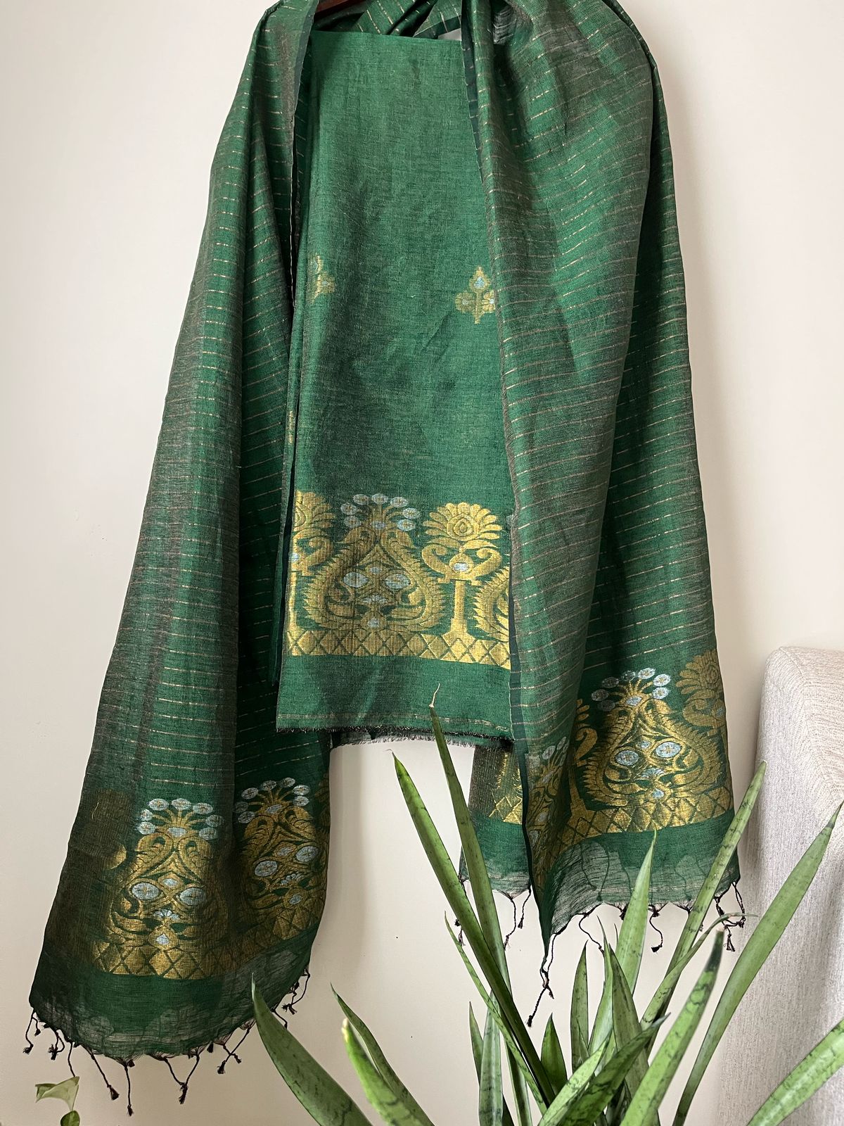 Stunning Linen Tissue Zari Weaving Kurta Dupatta Set - Bottle Green