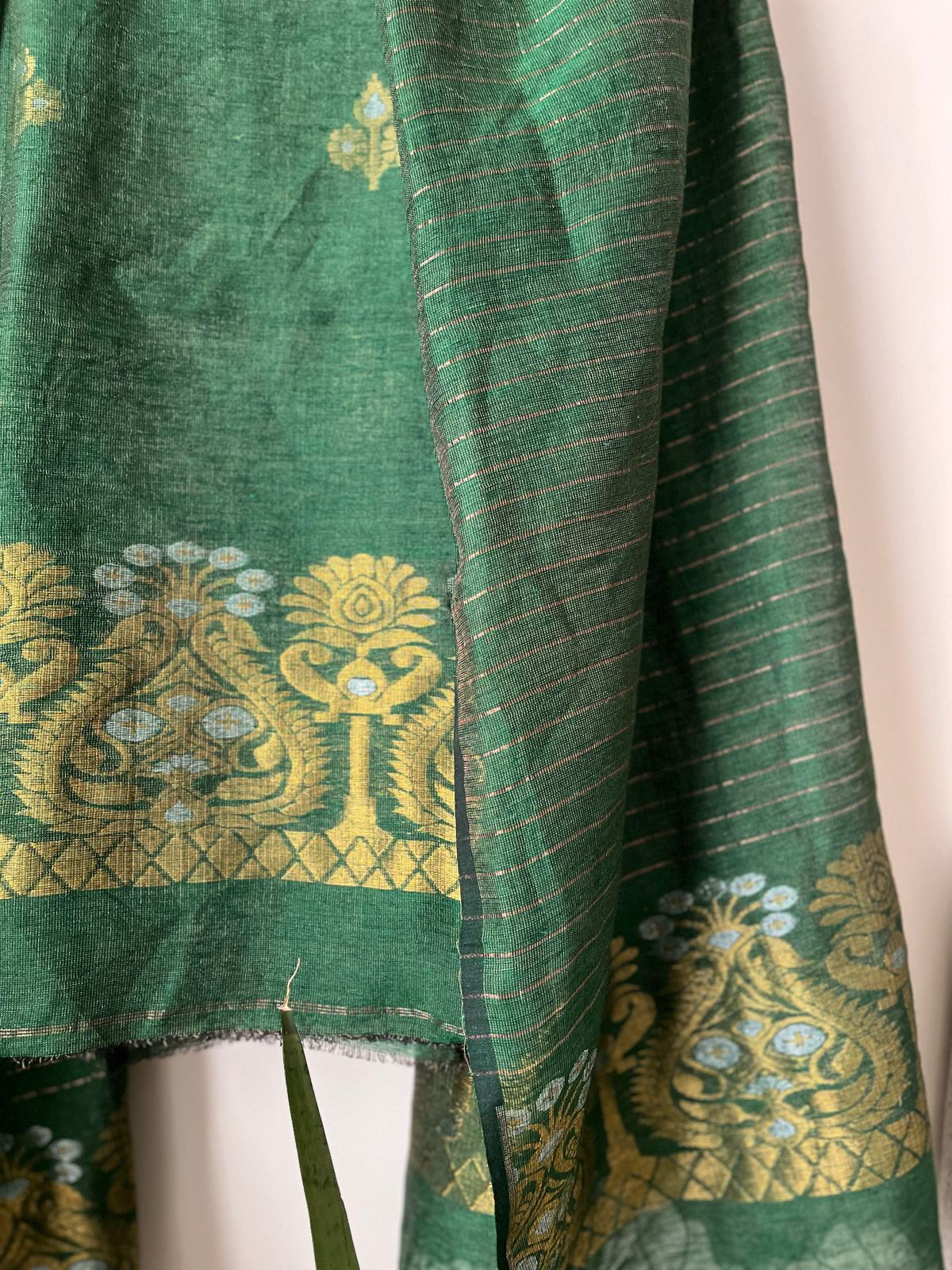 Stunning Linen Tissue Zari Weaving Kurta Dupatta Set - Bottle Green