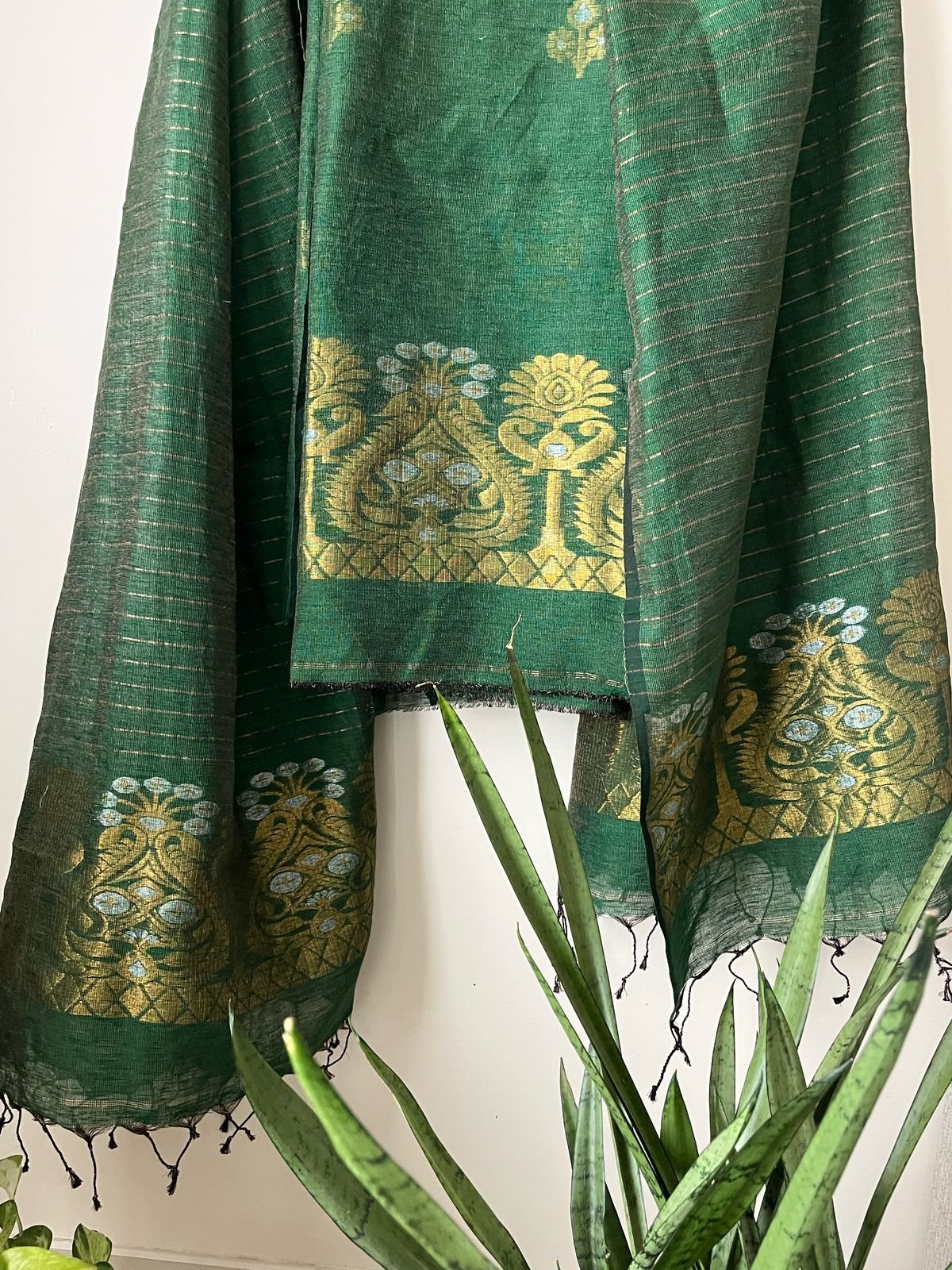 Stunning Linen Tissue Zari Weaving Kurta Dupatta Set - Bottle Green