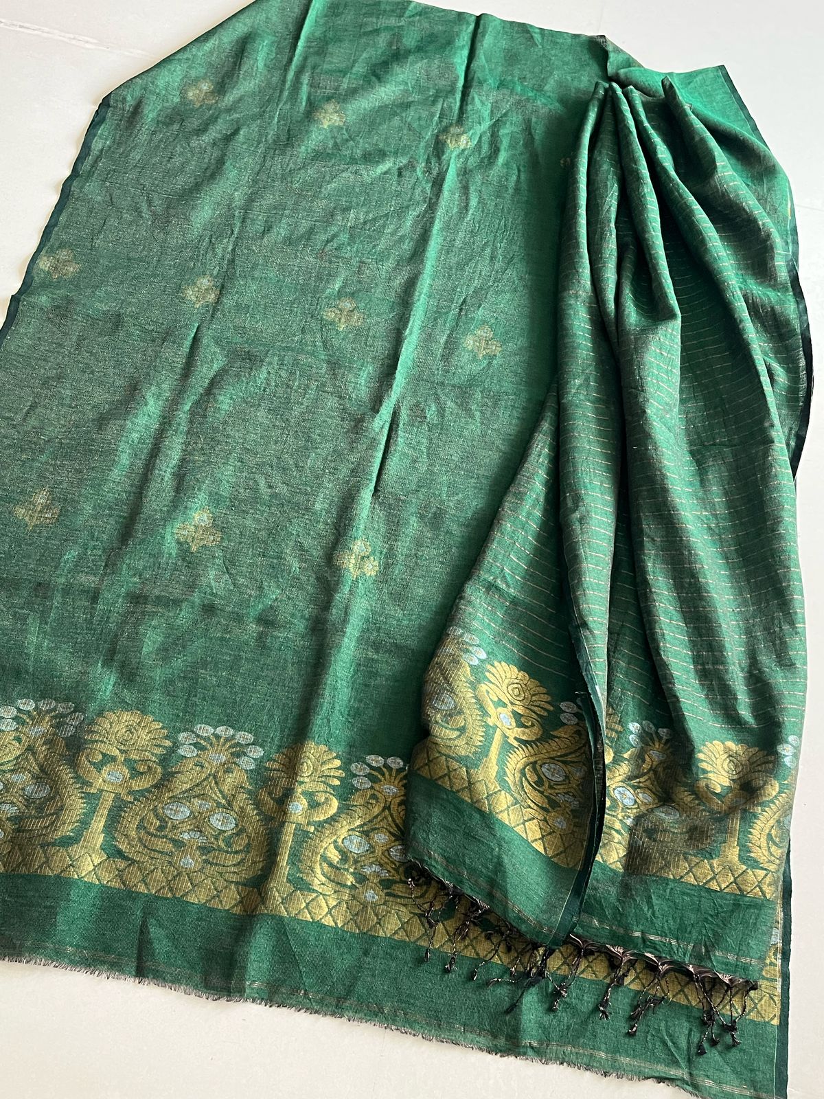 Stunning Linen Tissue Zari Weaving Kurta Dupatta Set - Bottle Green