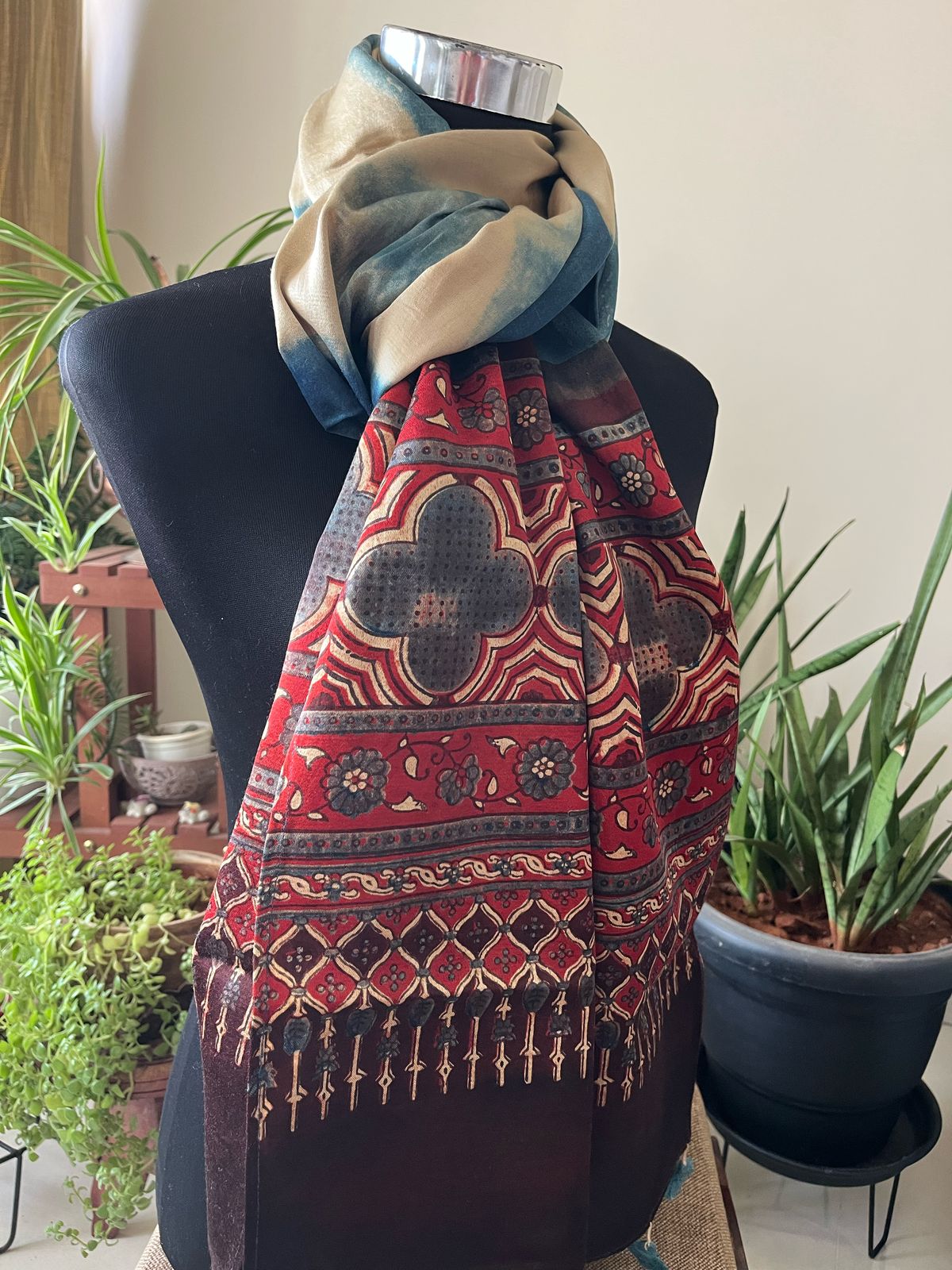 Mashru Silk Cotton Blend Ajrakh Handblock Printed Stole