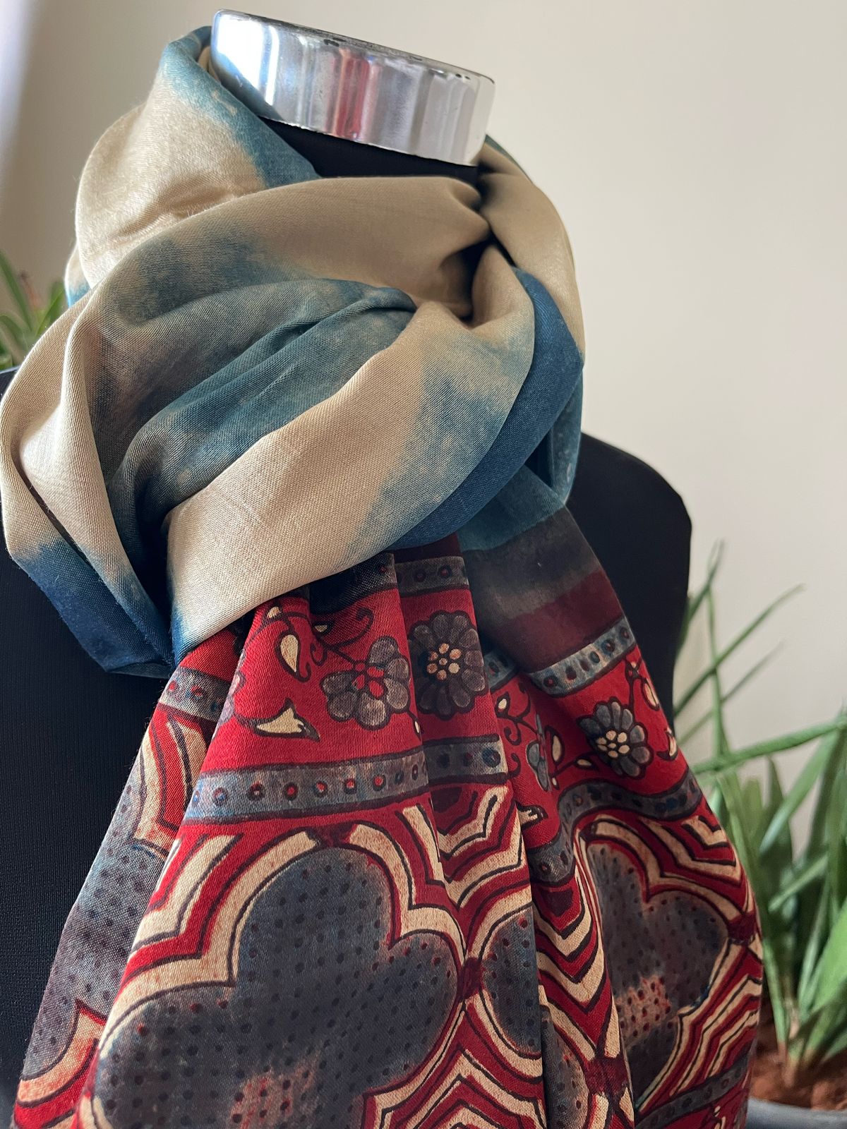 Mashru Silk Cotton Blend Ajrakh Handblock Printed Stole