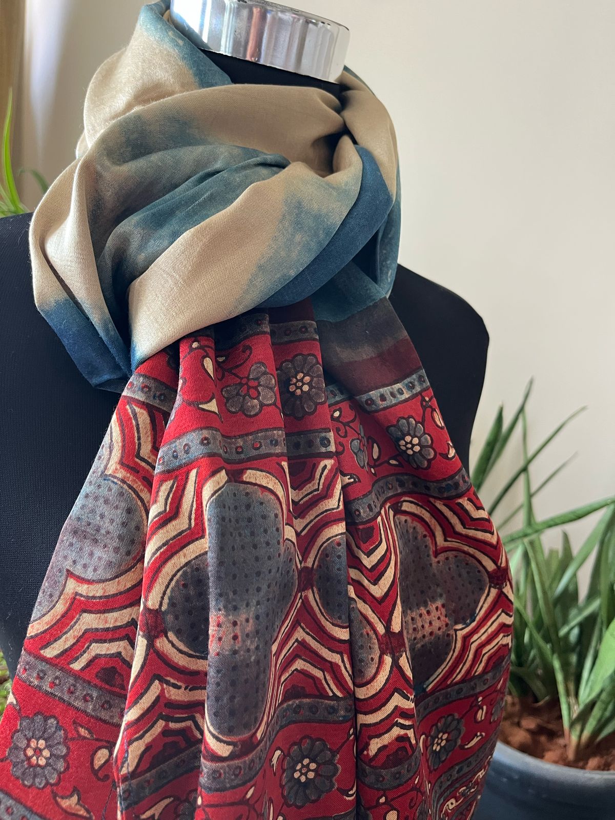 Mashru Silk Cotton Blend Ajrakh Handblock Printed Stole