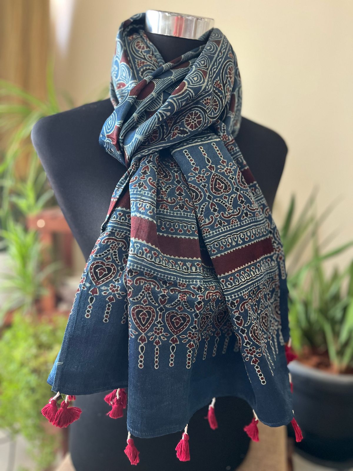Mashru Silk Cotton Blend Ajrakh Handblock Printed Stole