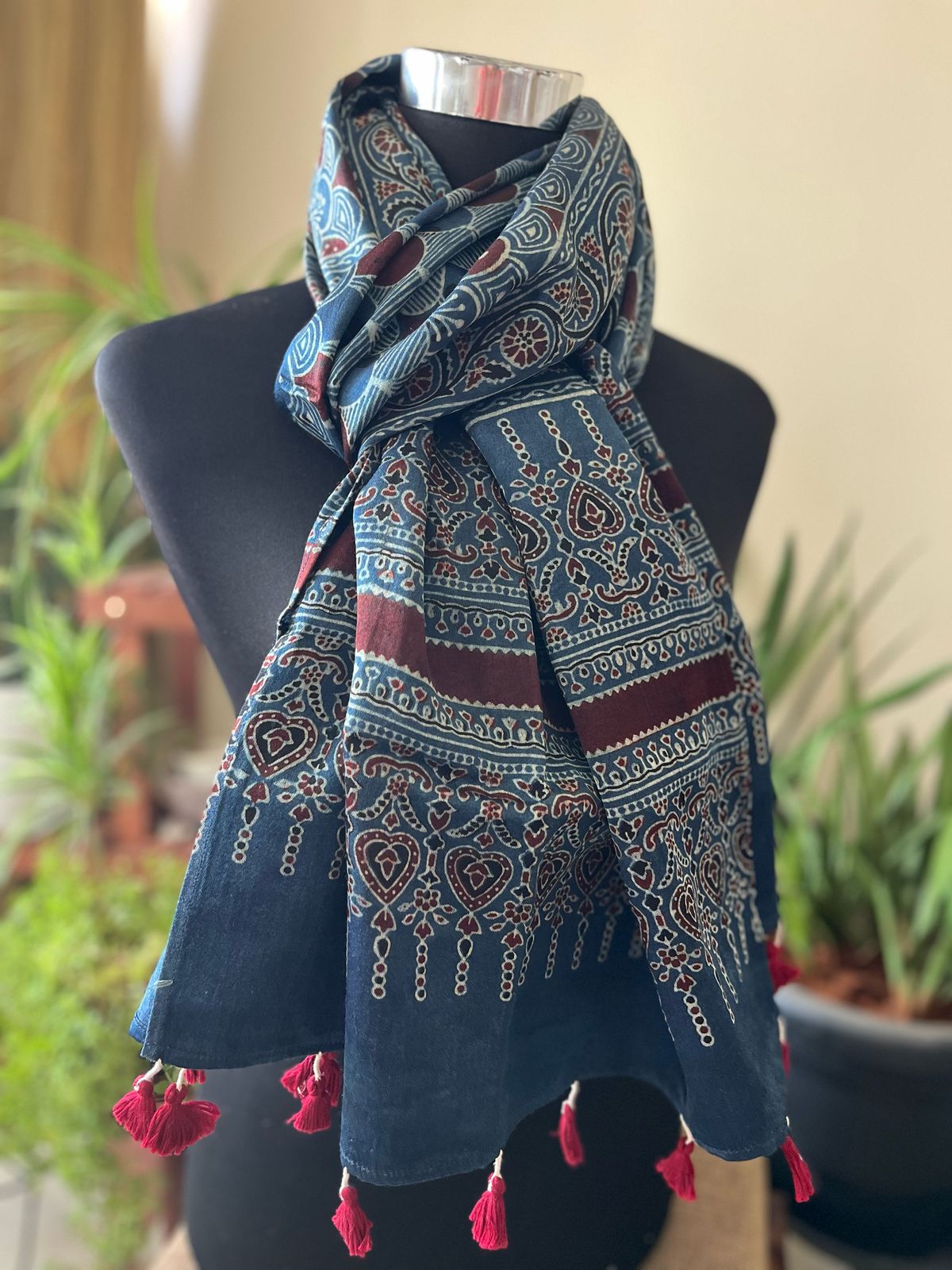 Mashru Silk Cotton Blend Ajrakh Handblock Printed Stole