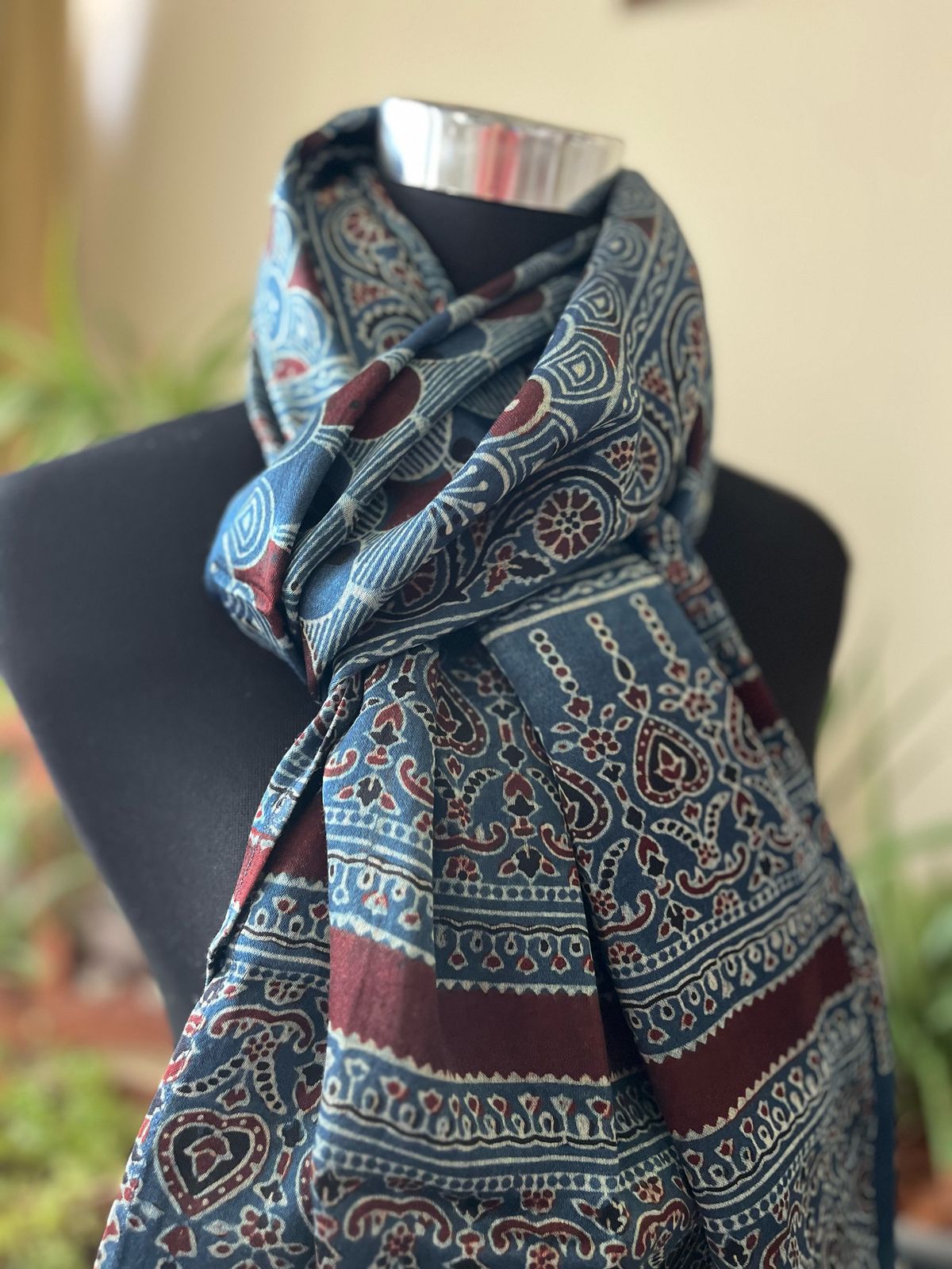 Mashru Silk Cotton Blend Ajrakh Handblock Printed Stole