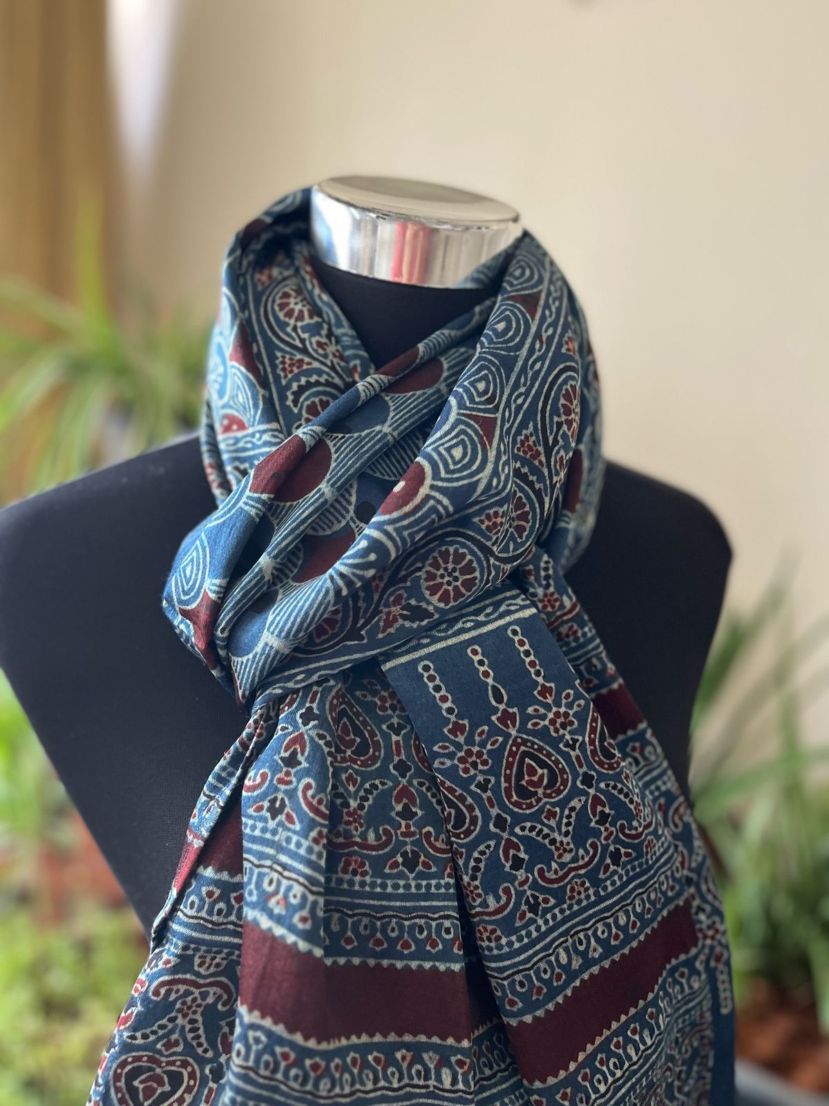 Mashru Silk Cotton Blend Ajrakh Handblock Printed Stole