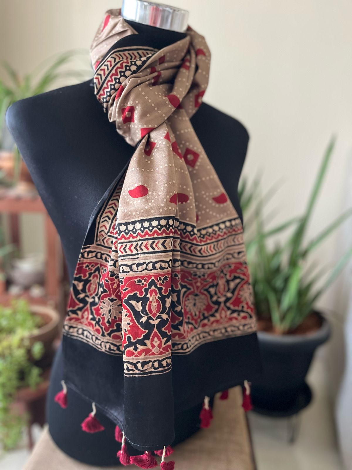 Mashru Silk Cotton Blend Ajrakh Handblock Printed Stole