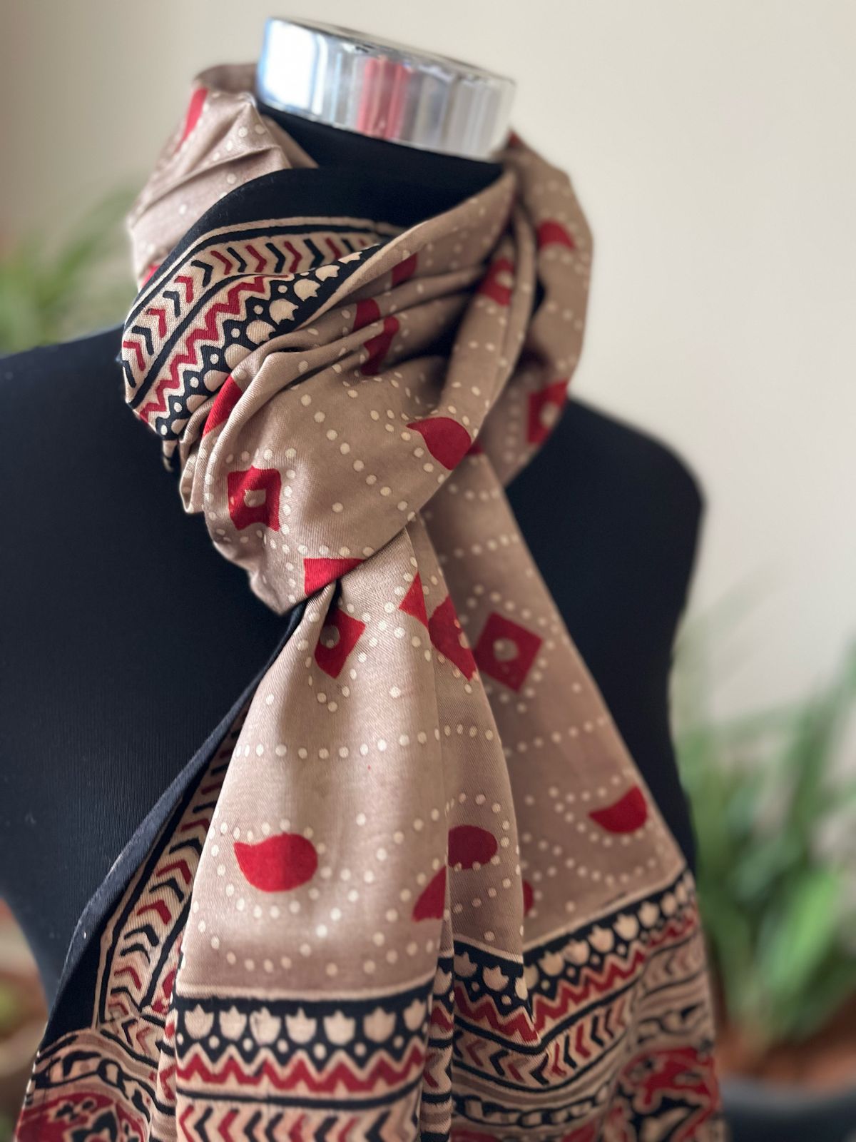 Mashru Silk Cotton Blend Ajrakh Handblock Printed Stole