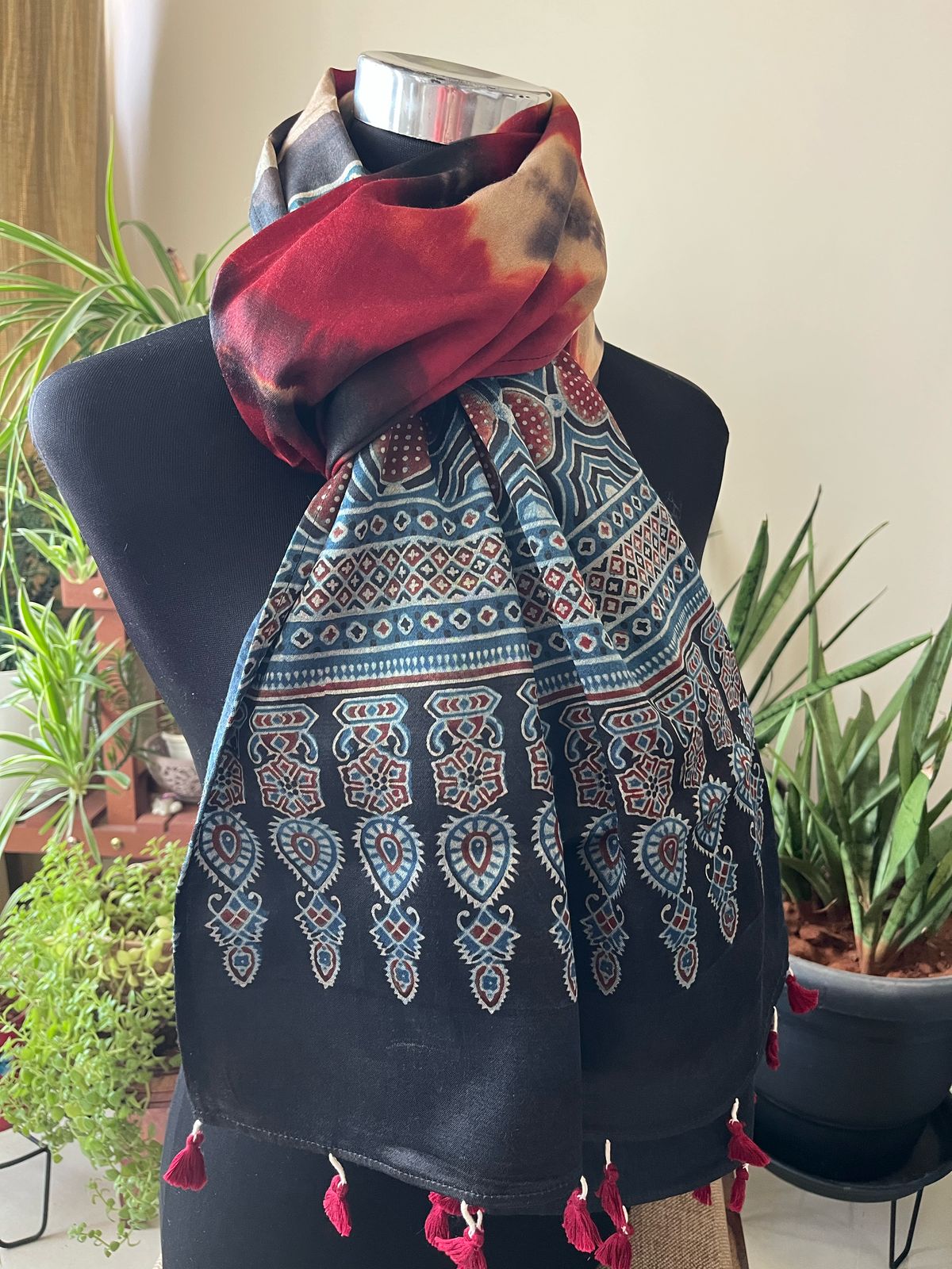 Mashru Silk Cotton Blend Ajrakh Handblock Printed Stole