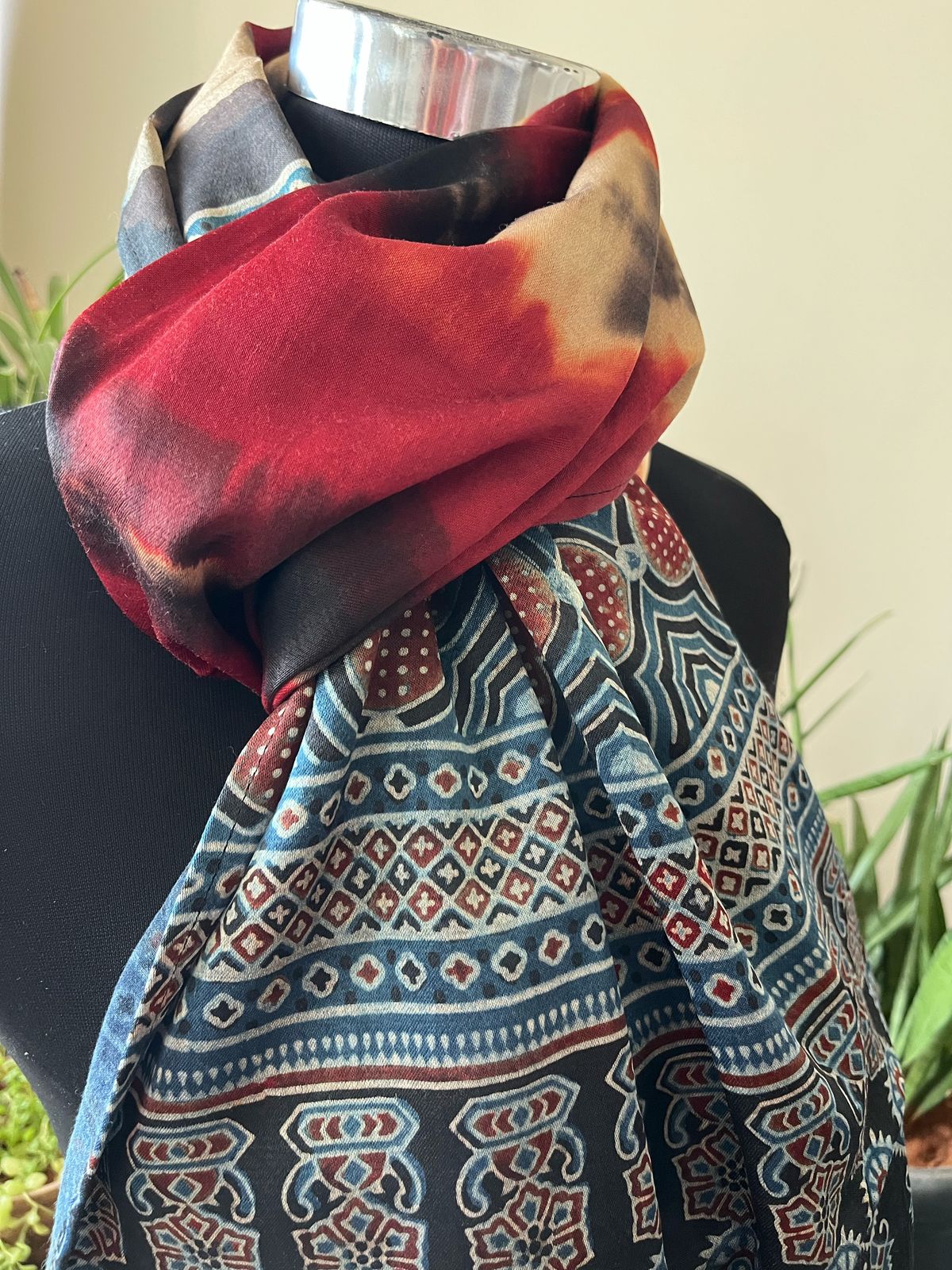 Mashru Silk Cotton Blend Ajrakh Handblock Printed Stole