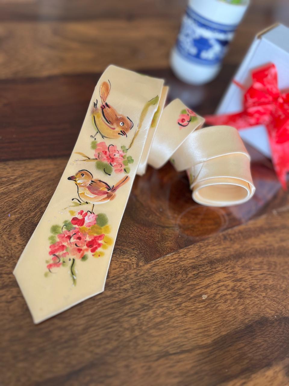 Pure Silk Handpainted Tie- Cream